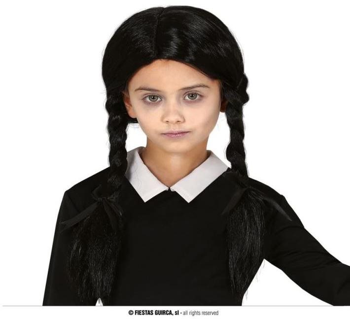 Čierna parochňa s vrkôčikmi – detská – addamsova rodina – halloween