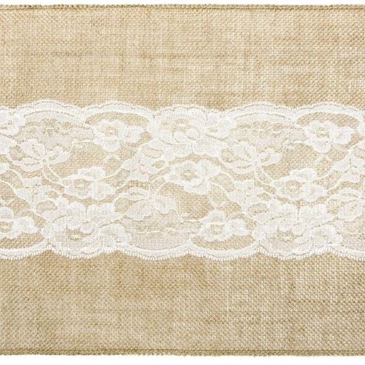 Dekoračná juta s bielou krajkou – svadba – behúň – 28 × 275 cm