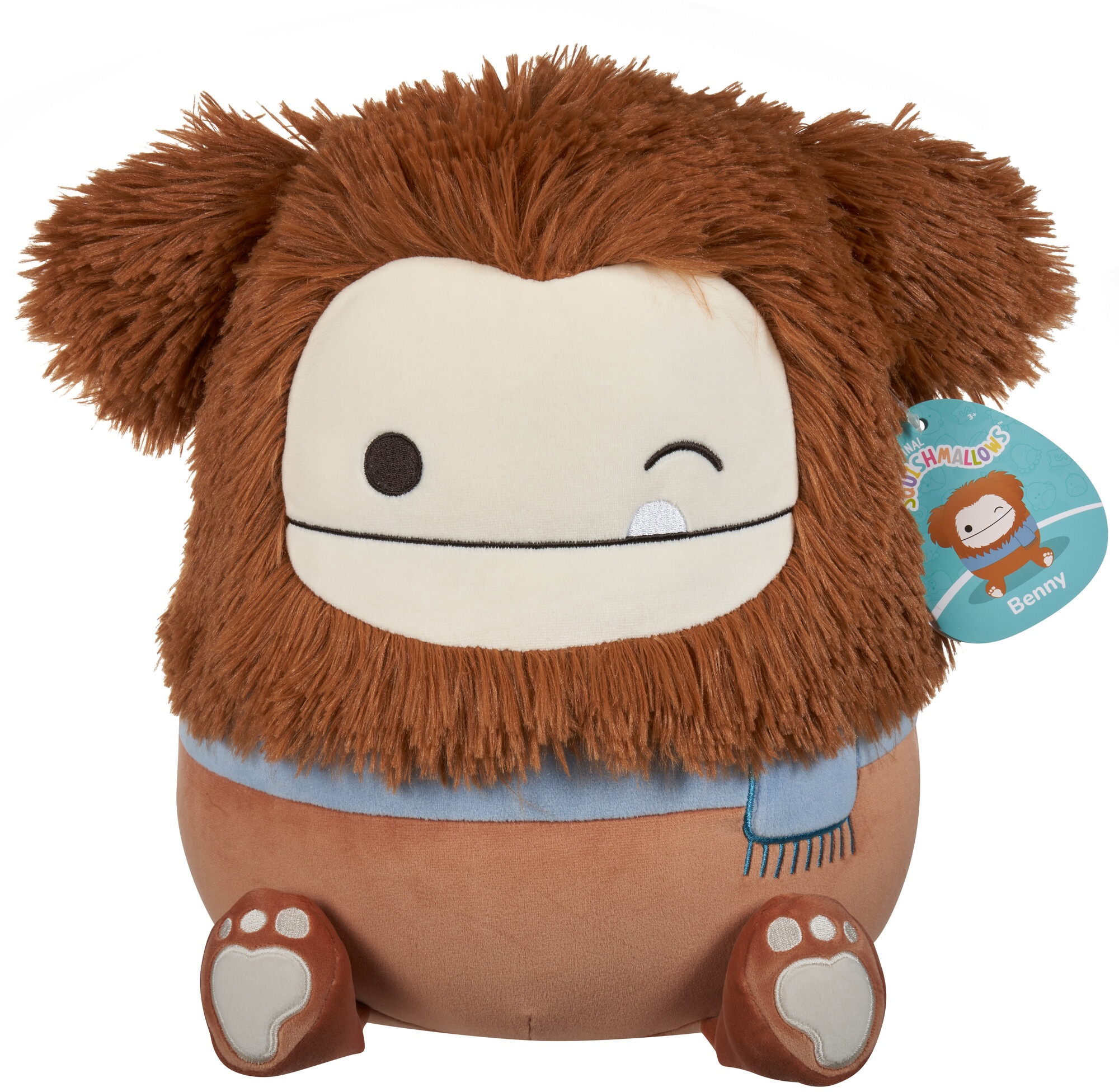Squishmallows Benny – žmurkajúci hnedý Bigfoot so šálom