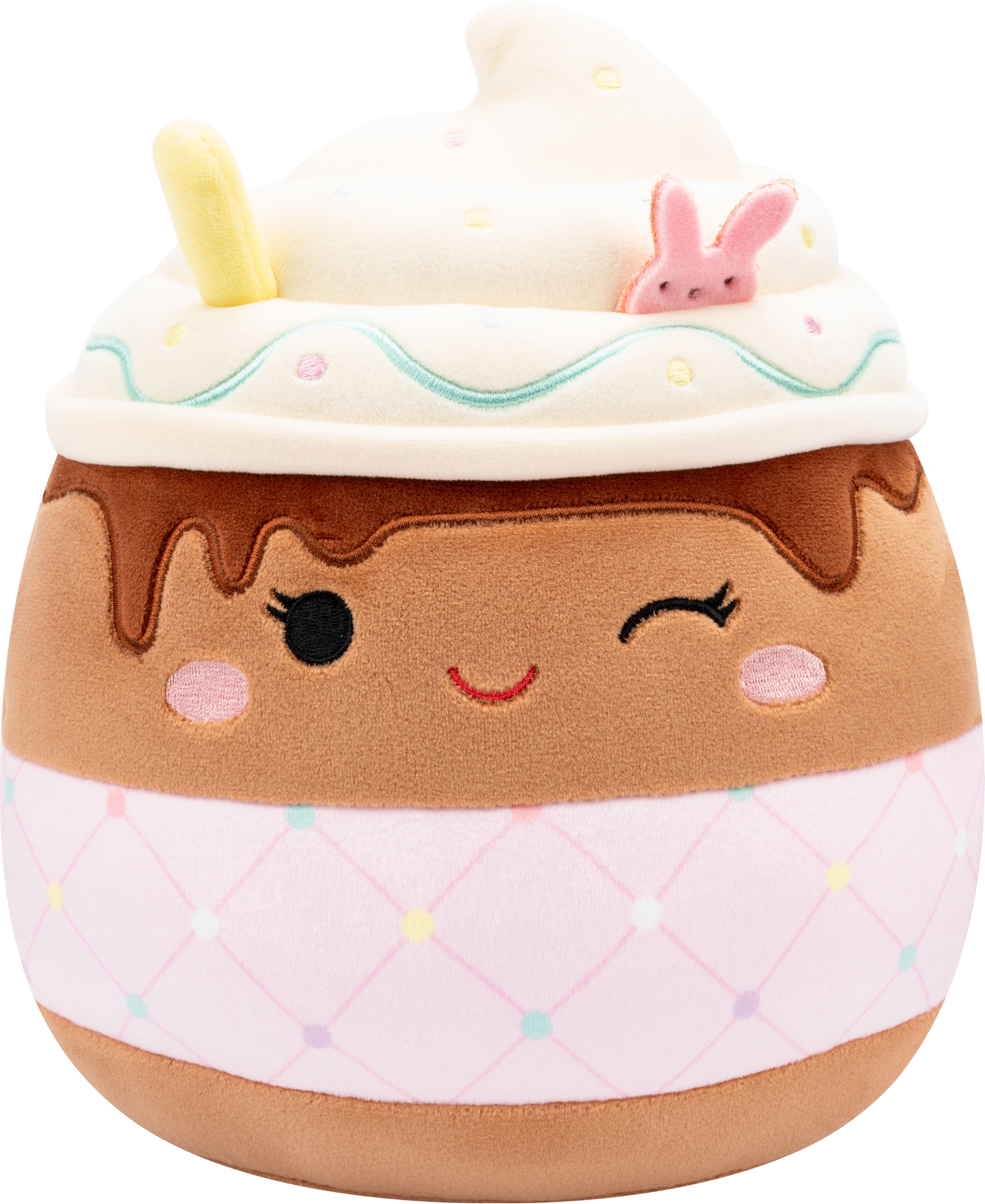 Squishmallows – žmurkajúce čokoládové frapé s ružovým prešívaným obalom