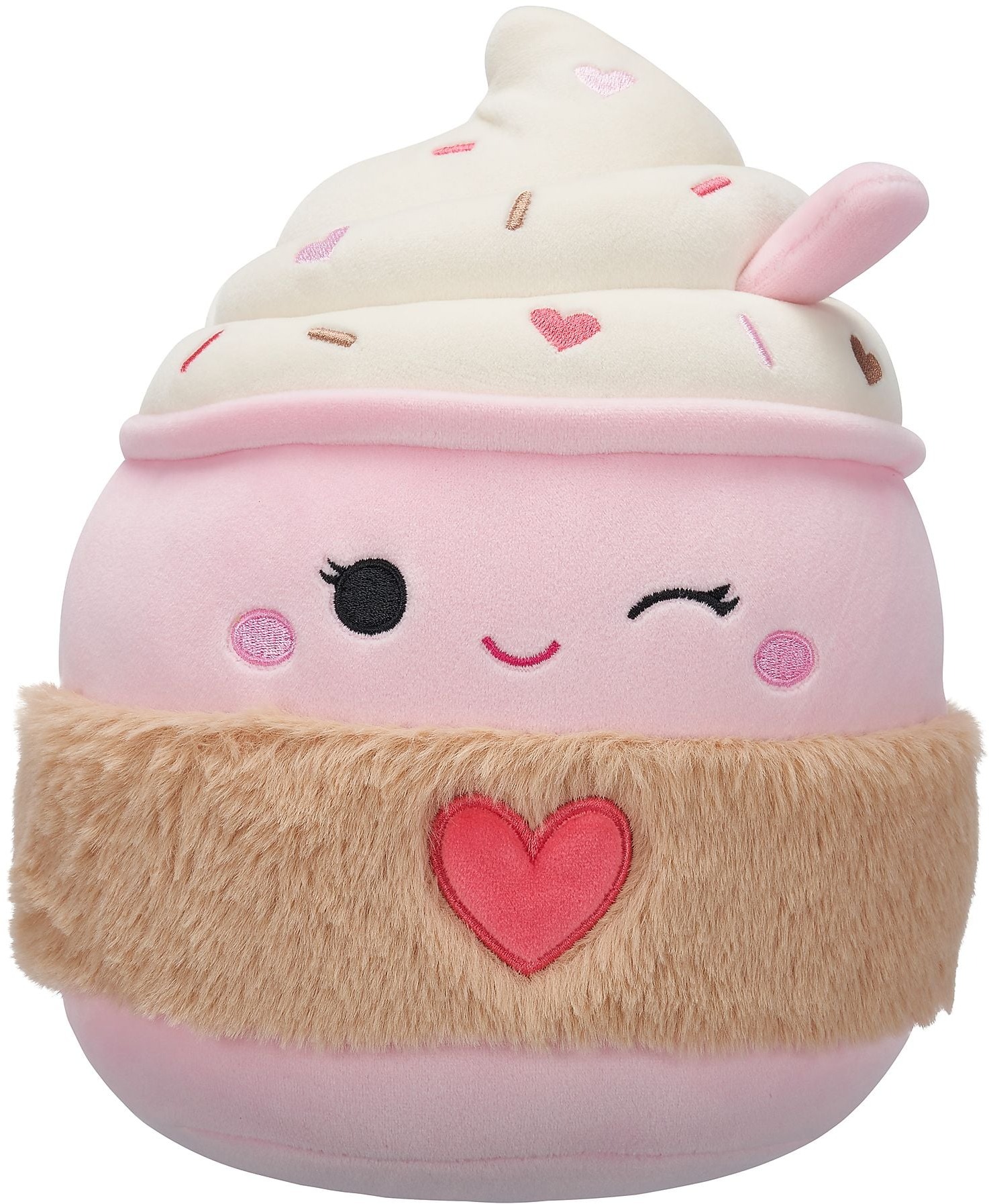 Squishmallows Jenny – žmurkajúce svetloružové latté s hebkým rukávom so srdcom