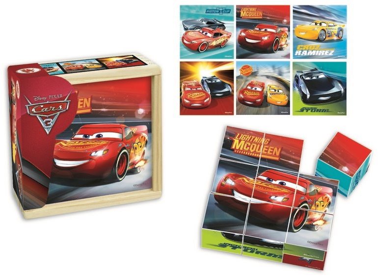 Playme Dřevěné obrázkové kostky Auta (Cars) - 9 kostek