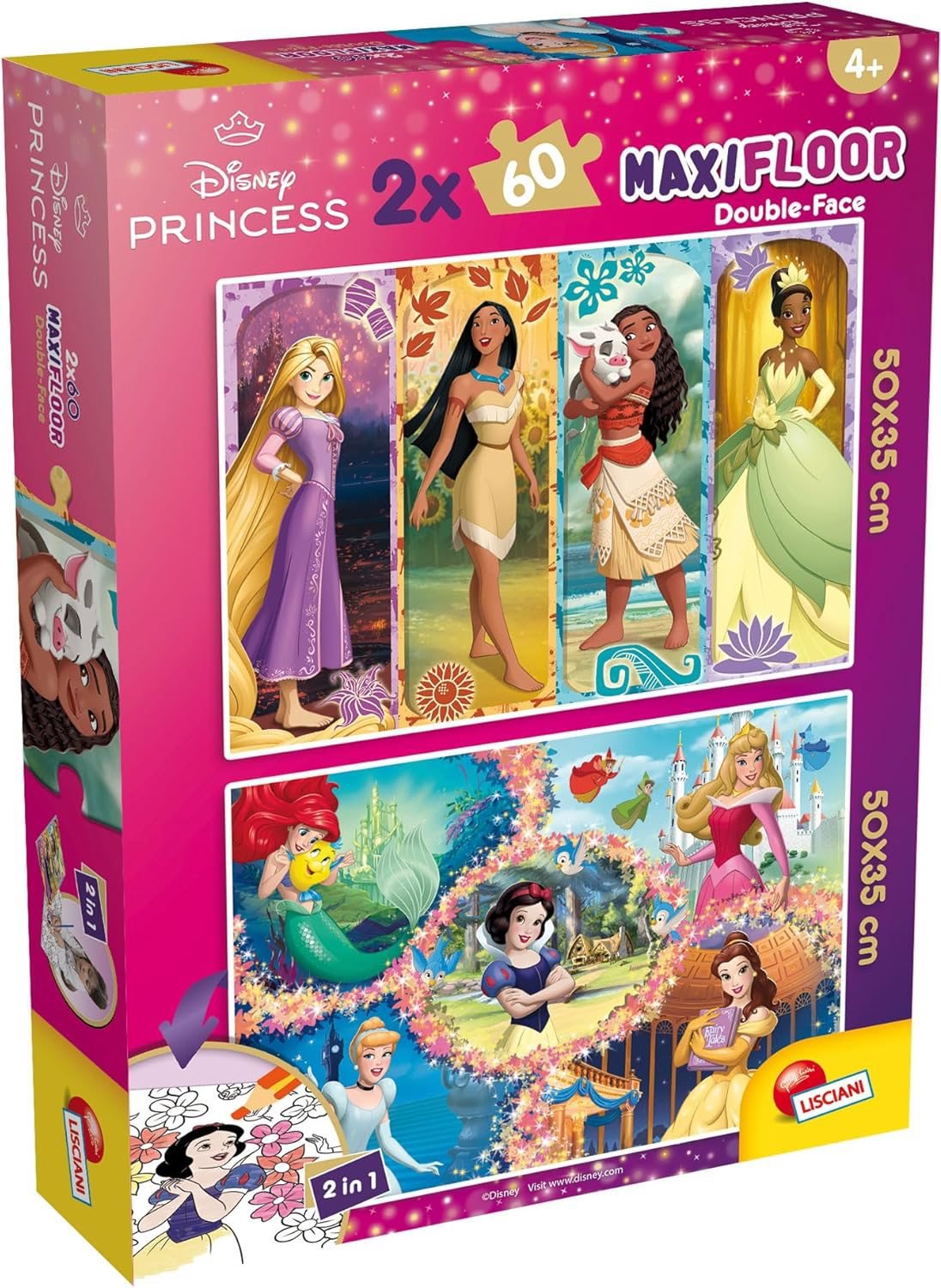 Lisciani Obojstranné puzzle MAXI 2 × 60 dielikov Disney Princezné (s omaľovánkami)