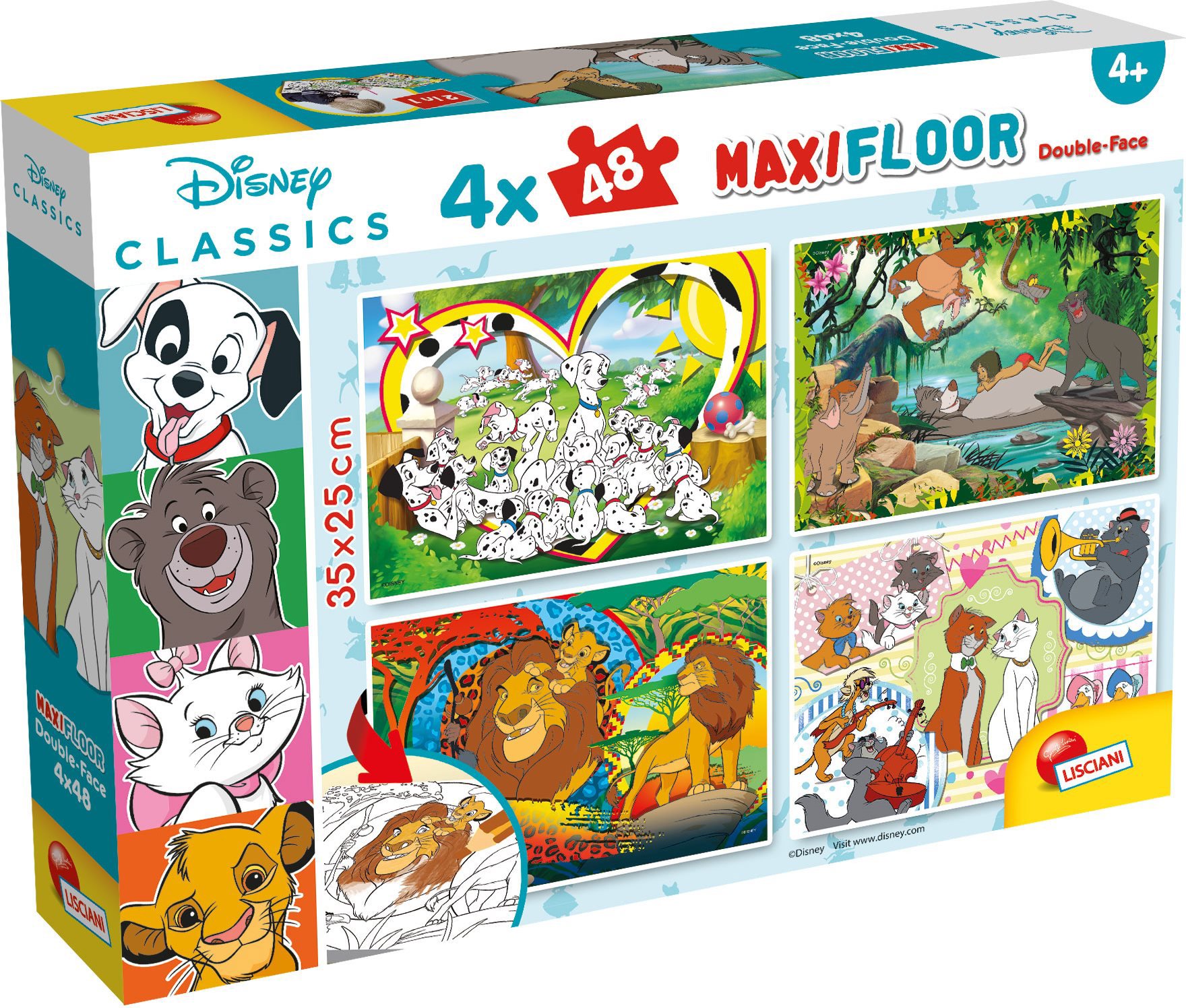 Lisciani Obojstranné puzzle MAXI 4 × 48 dielikov Disney Classics rozprávky (s omaľovánkami)