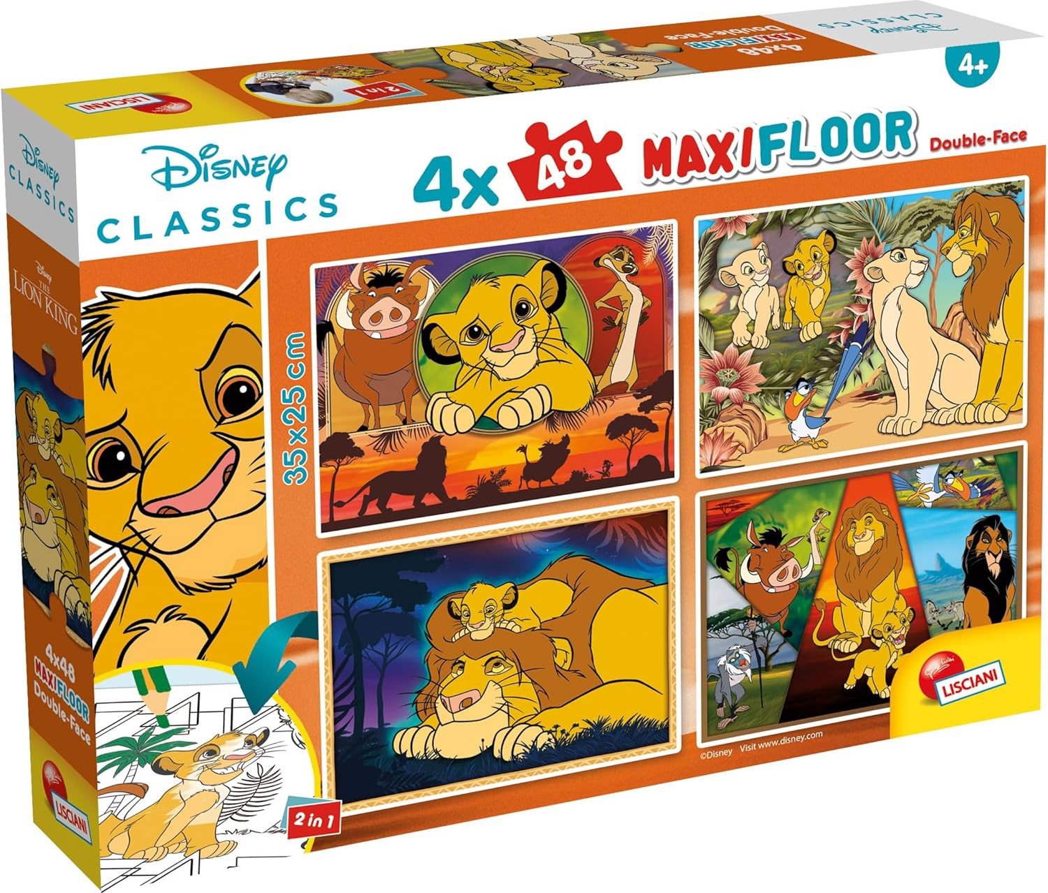 Lisciani Obojstranné puzzle MAXI 4 × 48 dielikov Leví kráľ (s omaľovánkami)