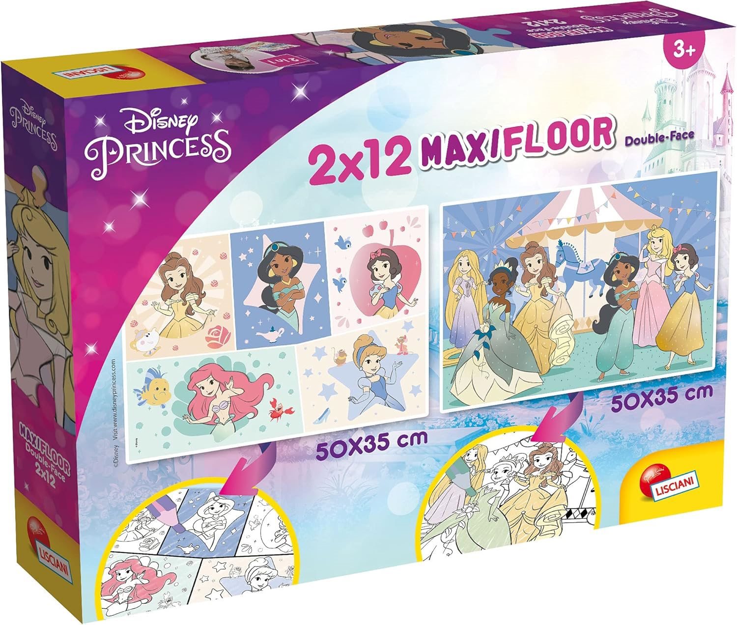 Lisciani Obojstranné puzzle MAXI 2 × 12 dielikov Disney Princezné (s omaľovánkami)