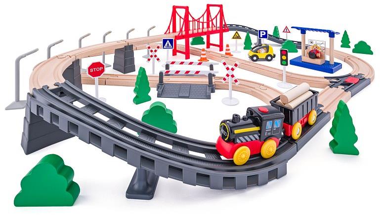 Woody Vláčiková dráha s elektrickou mašinkou a mostom 80 dielov