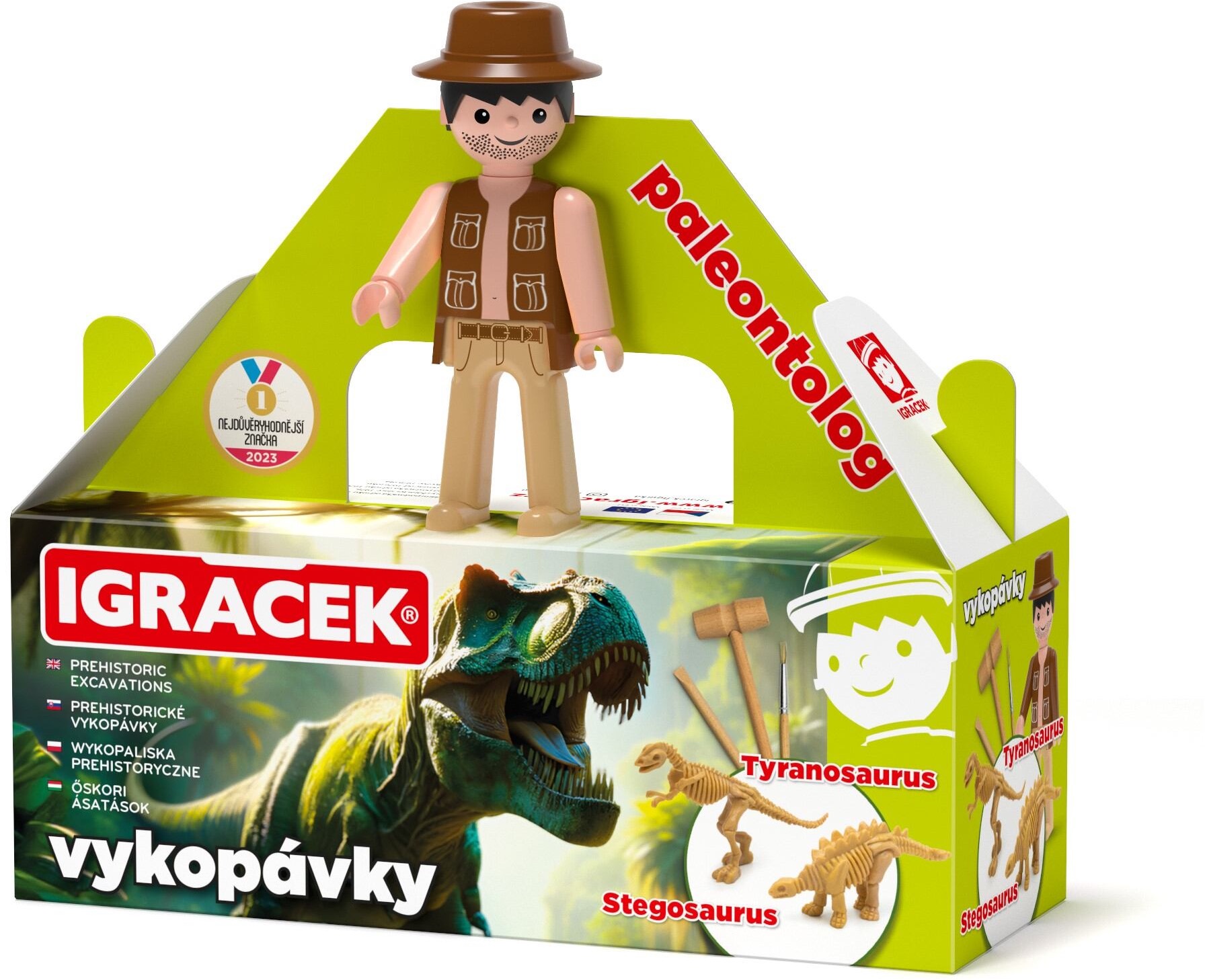 Efko Igráček Paleontológ s vykopávkami dinosaurov Tyranosaura a Stegosaura