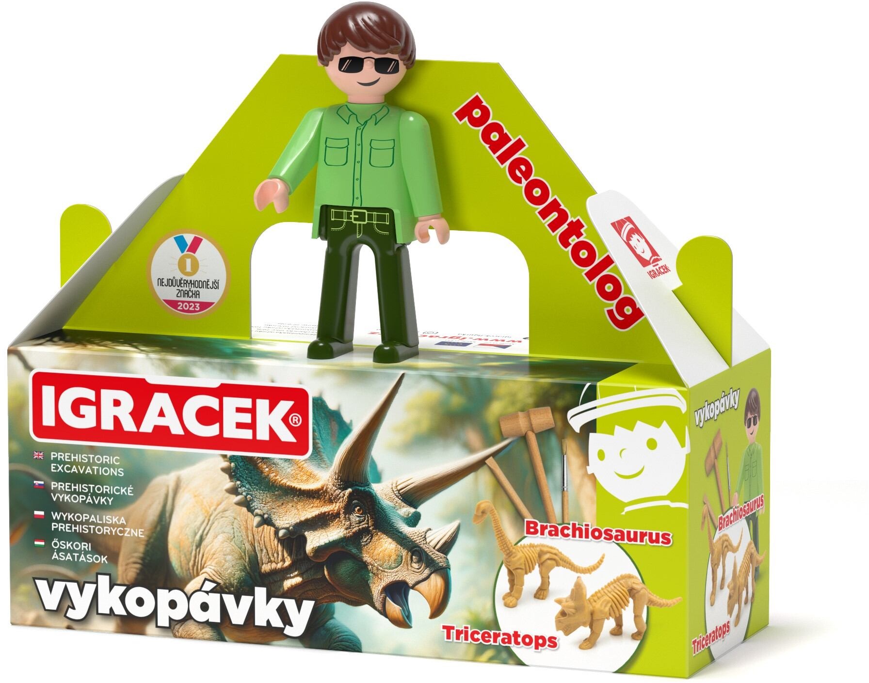 Efko Igráček Paleontológ s vykopávkami dinosaurov Triceratopsa a Brachiosaura