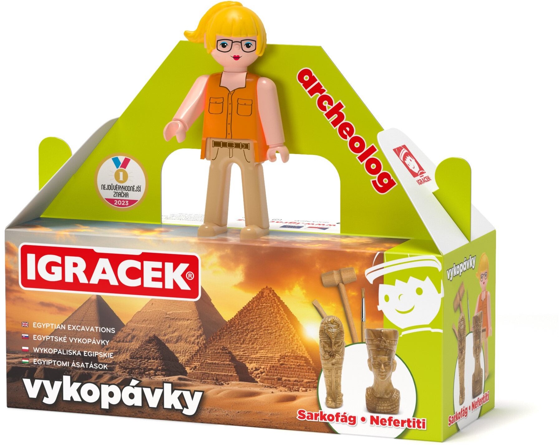 Efko Igráček Archeologička s egyptskými vykopávkami sarkofágu a sošky Nefertiti