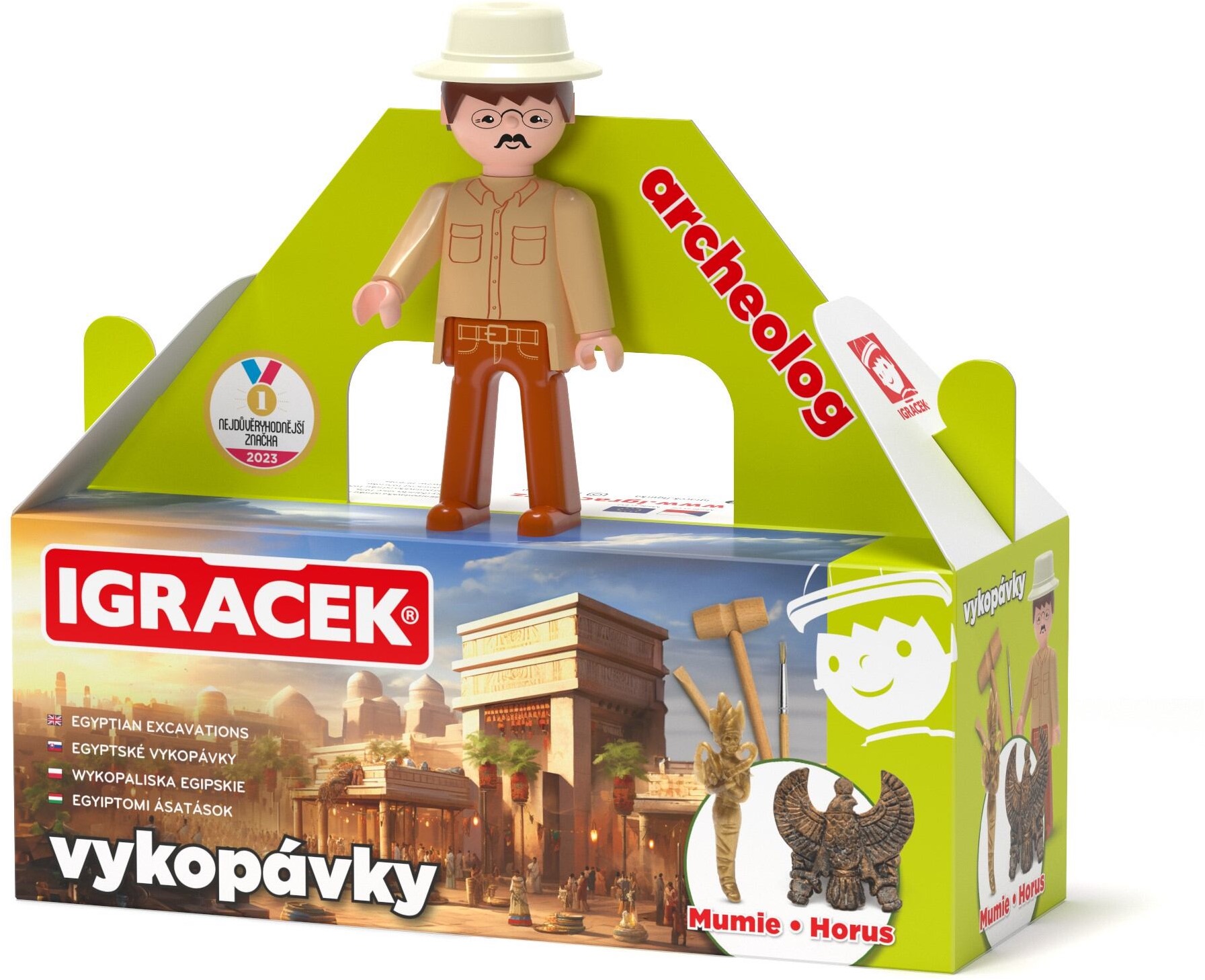 Efko Igráček Archeológ s egyptskými vykopávkami múmie a sošky boha Hora