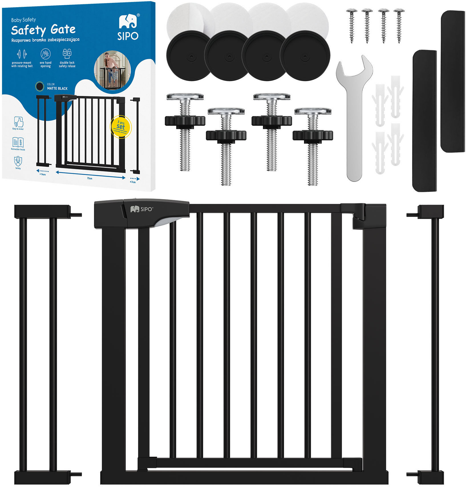 Sipo Sada zábrany 75 cm a 2 ks nadstavcov 7 a 14 cm Black