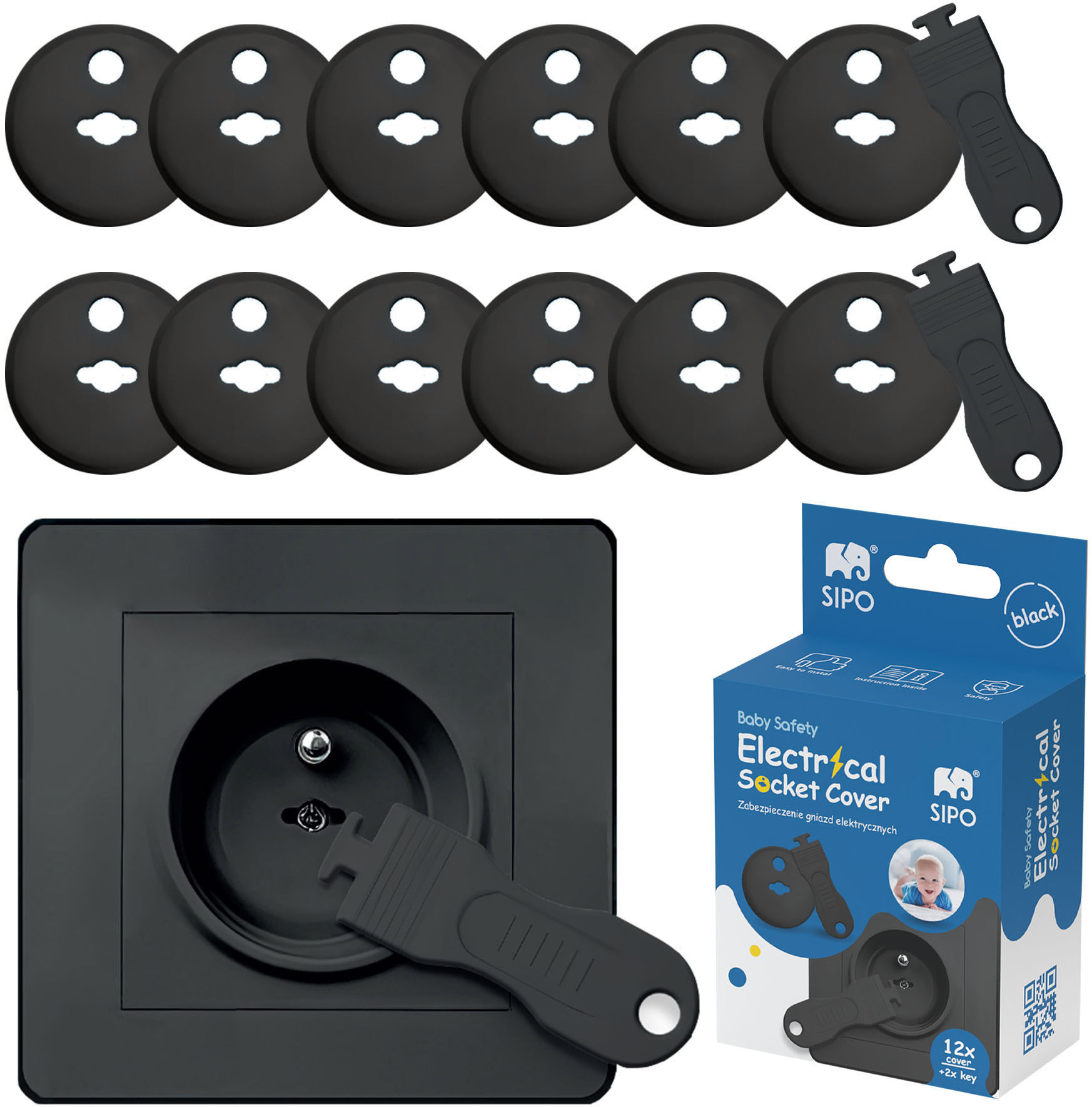 Sipo Ochrana zásuviek 12 ks a 2 kľúče čierna