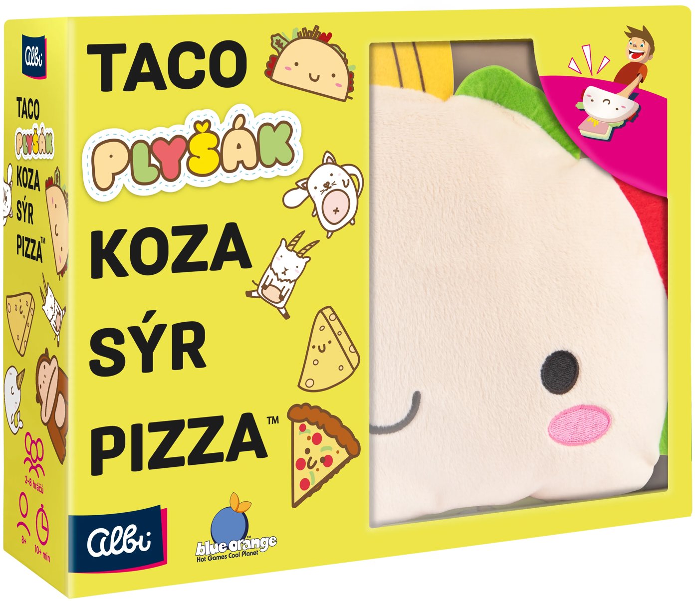 Taco, plyšák, koza, syr, pizza