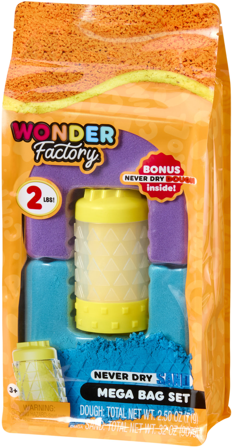 Wonder Factory Nevysychajúci piesok a modelína v taške – fialová, tyrkysová a žltá