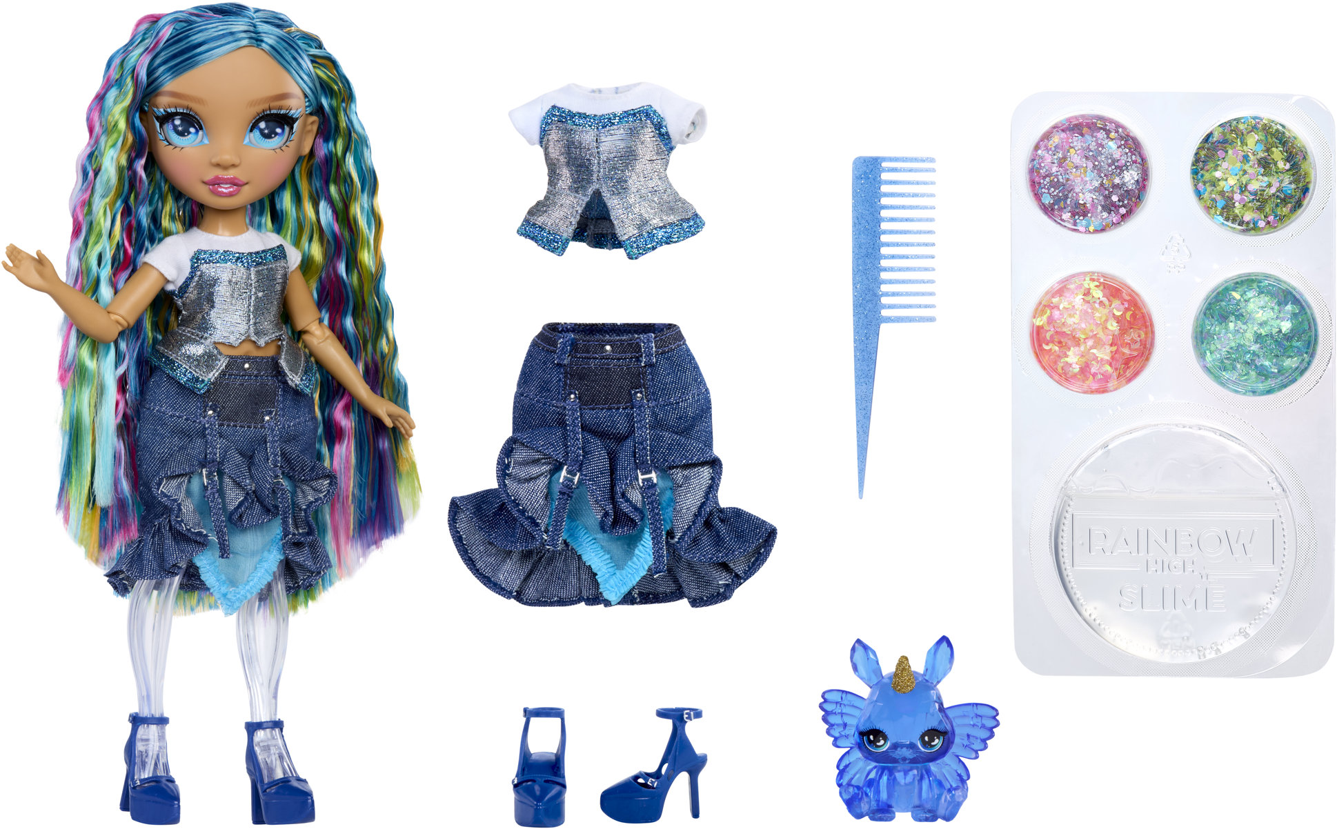 Rainbow High Skyler so slizom a trblietkami blue