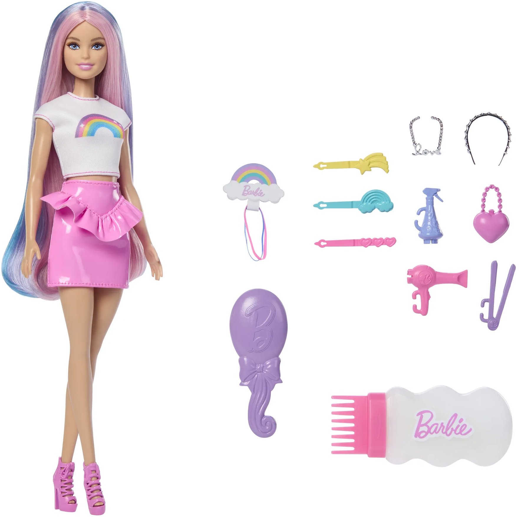 Barbie s dúhovými vlasmi a trblietavým stylingom