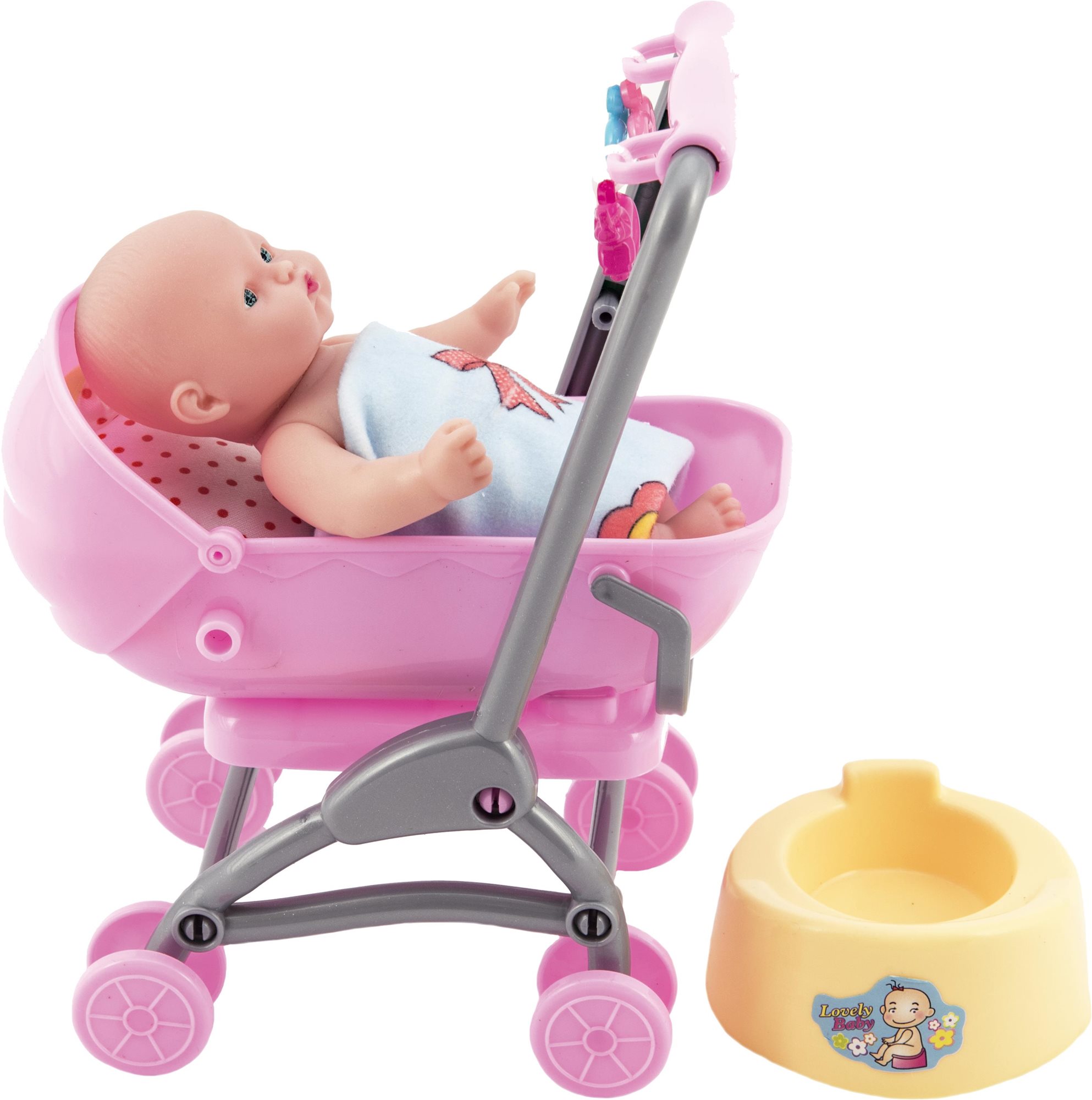 Bábätko v kočíku s doplnkami