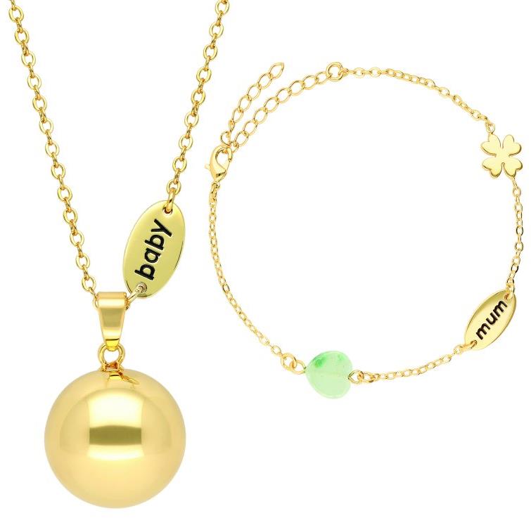 Bola Roľnička s náramkom Nature stone beads and mum/baby charm in gold