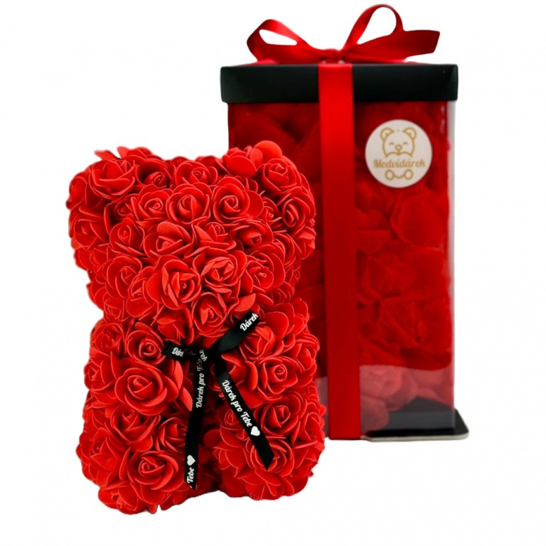 Medvídárek Romantic medvedík z ruží 25 cm svetlo červený s lístkami, darčekové balenie