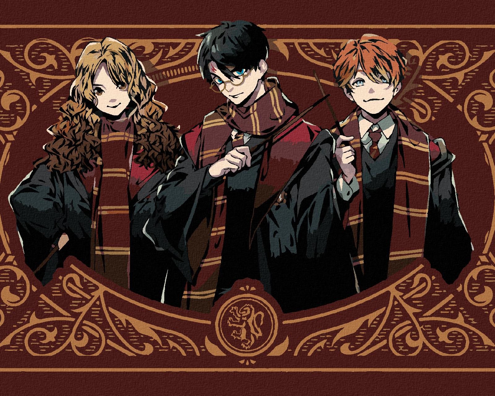 Zuty – Maľovanie podľa čísel – Harry Potter, Ron a Hermiona v chrabromilskom habite, 40 × 50 cm, plátno