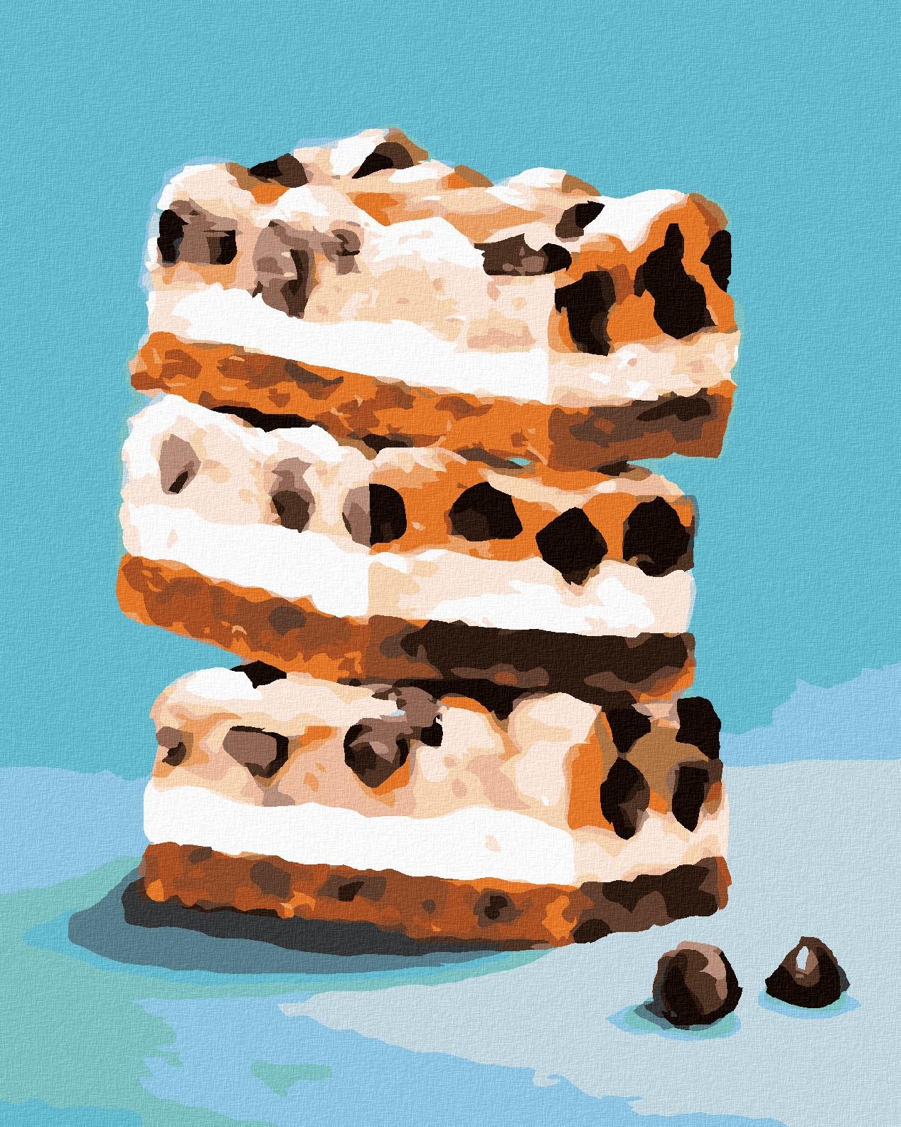 Zuty – Maľovanie Podľa Čísel – Cheesecake Tyčinka S Kúskami Čokolády Na Modrom Pozadí (Myroslava Voloschuk), 40 × 50 cm, Plátno + Rám