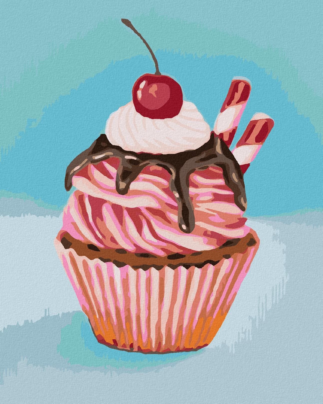 Zuty – Maľovanie Podľa Čísel – Jahodový Cupcake S Pendrekovou Tyčinkou (Myroslava Voloschuk), 40 × 50 cm, Plátno + Rám
