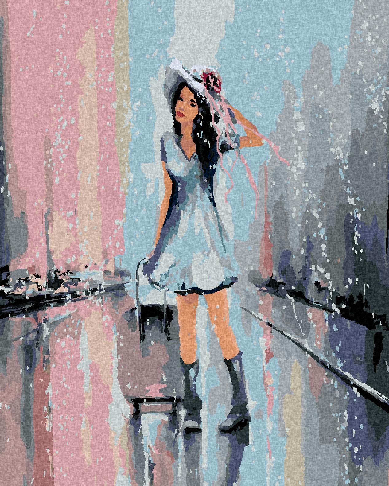 Zuty – Maľovanie Podľa Čísel – Žena S Kufrom V Daždi, 80 × 100 cm, Plátno + Rám
