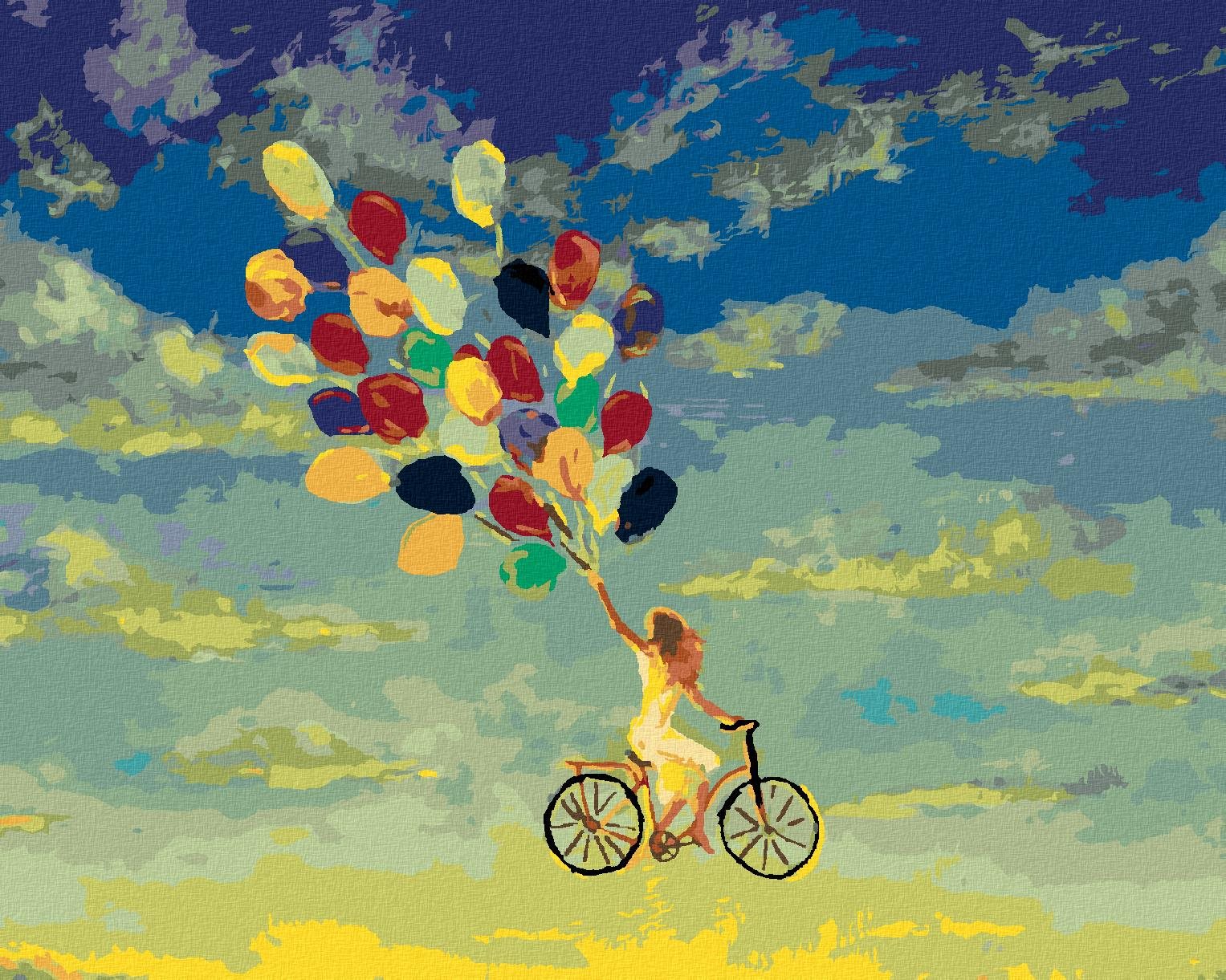 Zuty – Maľovanie podľa čísel – Žena na bicykli s balónikmi, 80 × 100 cm, plátno + rám