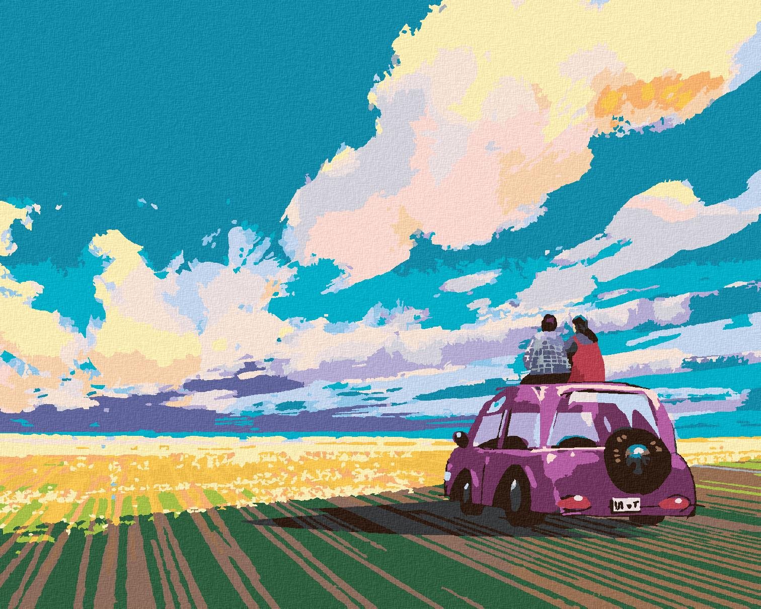 Zuty – Maľovanie podľa čísel – Mladý pár sediaci na aute na poli, 40 × 50 cm, plátno + rám