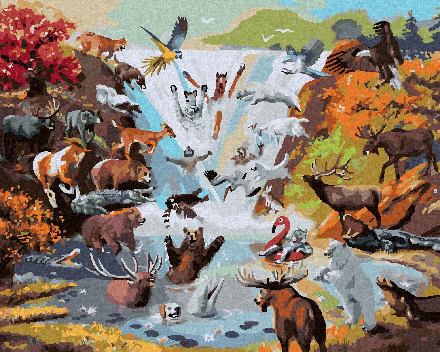 Zuty – Maľovanie podľa čísel – Vodopád a zvieratá (D. Rusty Rust), 80 × 100 cm, plátno