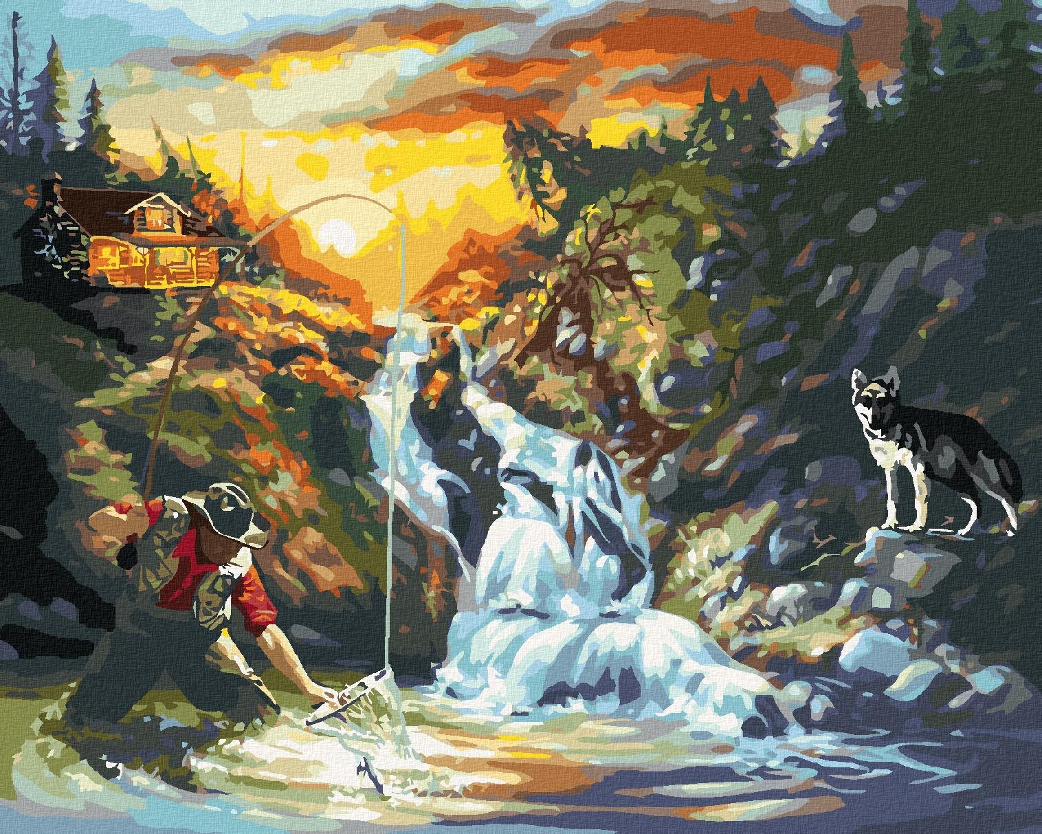 Zuty – Maľovanie Podľa Čísel – Rybáriaci Muž, Vodopád A Vlk (D. Rusty Rust), 80 × 100 cm, Plátno