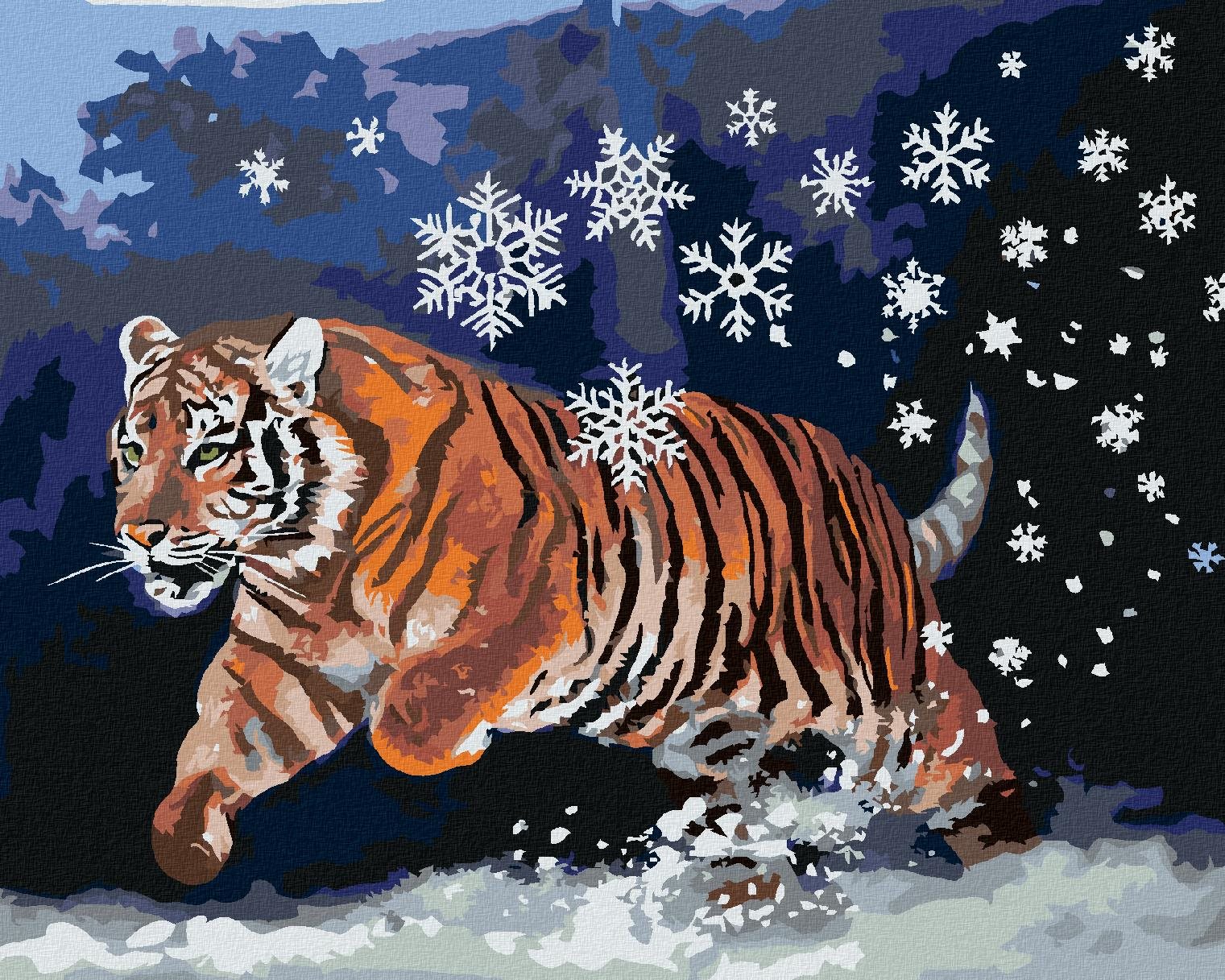 Zuty – Maľovanie podľa čísel – Tiger a snehové vločky (D. Rusty Rust), 80 × 100 cm, plátno + rám
