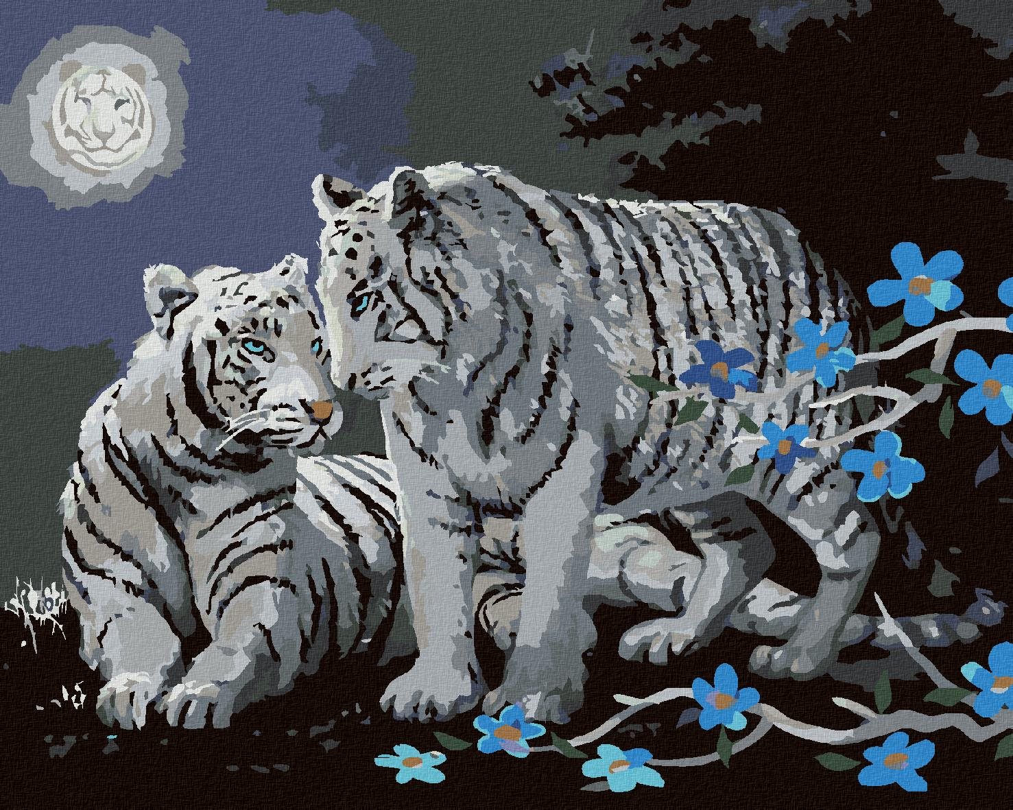 Zuty – Maľovanie podľa čísel – Biely tiger, modré kvety a spln (D. Rusty Rust), 80 × 100 cm, plátno
