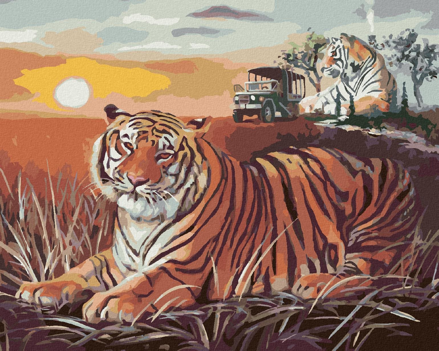 Zuty – Maľovanie podľa čísel – Tiger a západ slnka na savane (D. Rusty Rust), 40 × 50 cm, plátno + rám