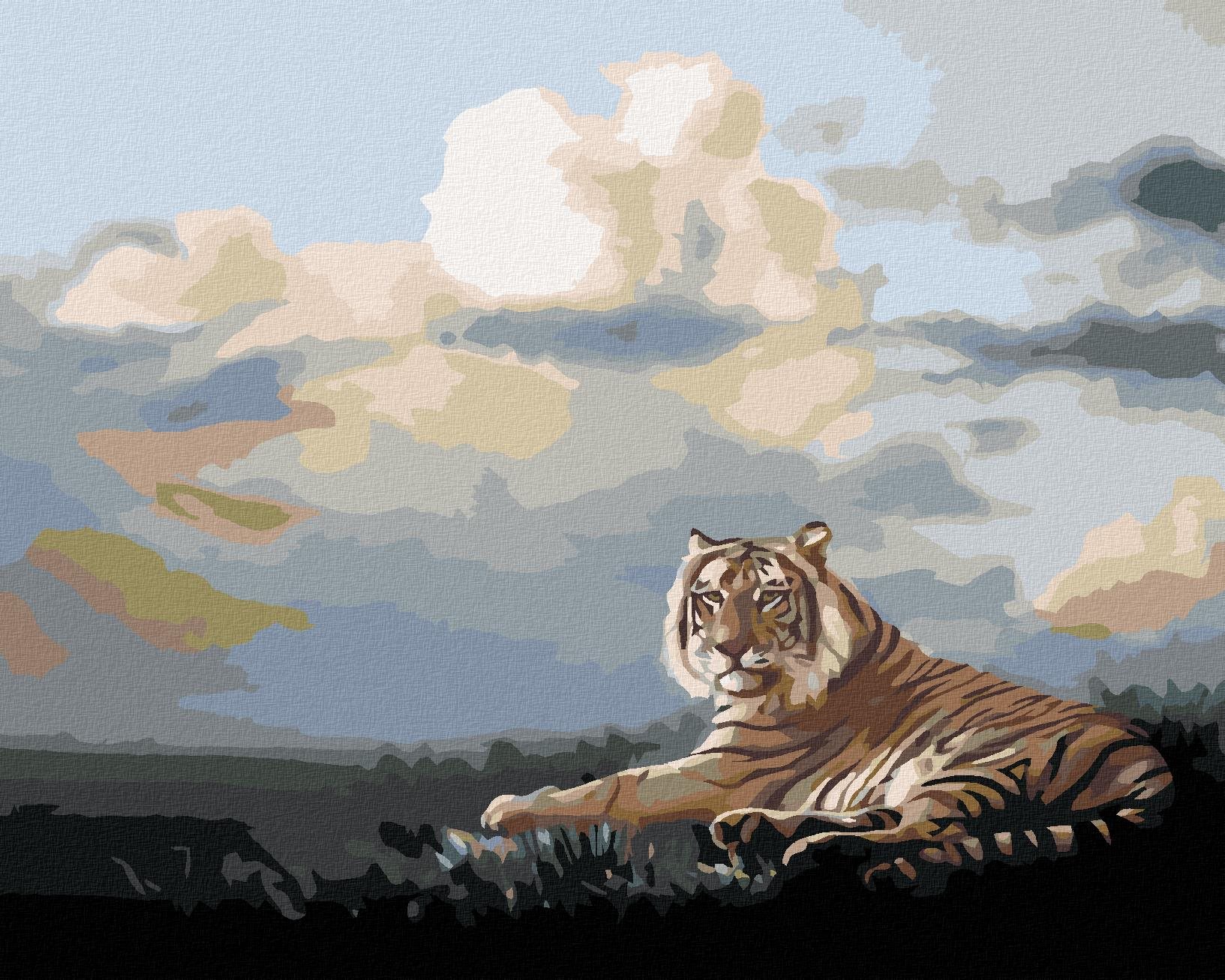 Zuty – Maľovanie podľa čísel – Ležiaci tiger a mraky (D. Rusty Rust), 80 × 100 cm, plátno + rám