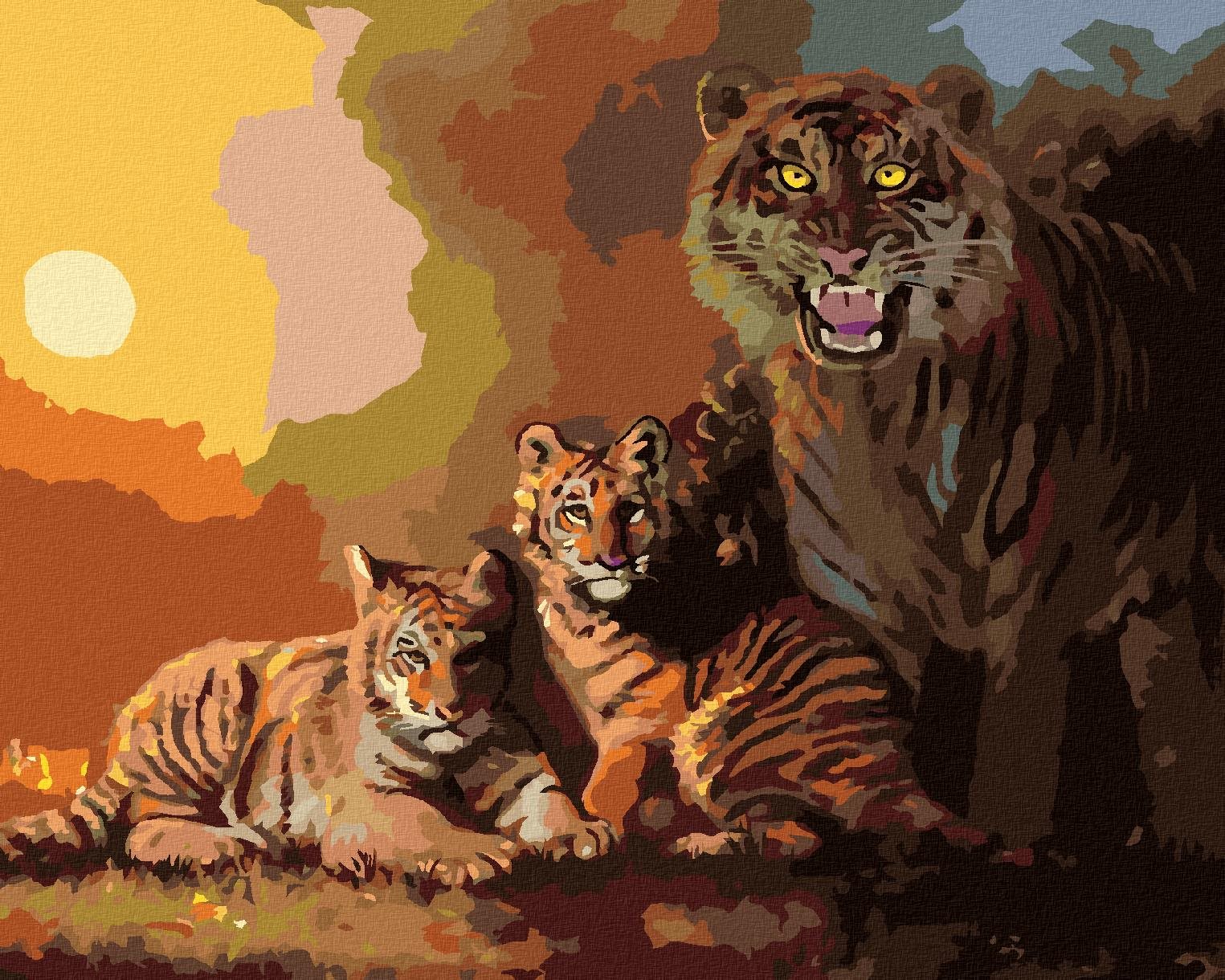 Zuty – Maľovanie podľa čísel – Tiger s mláďatami a západ slnka (D. Rusty Rust), 80 × 100 cm, plátno + rám