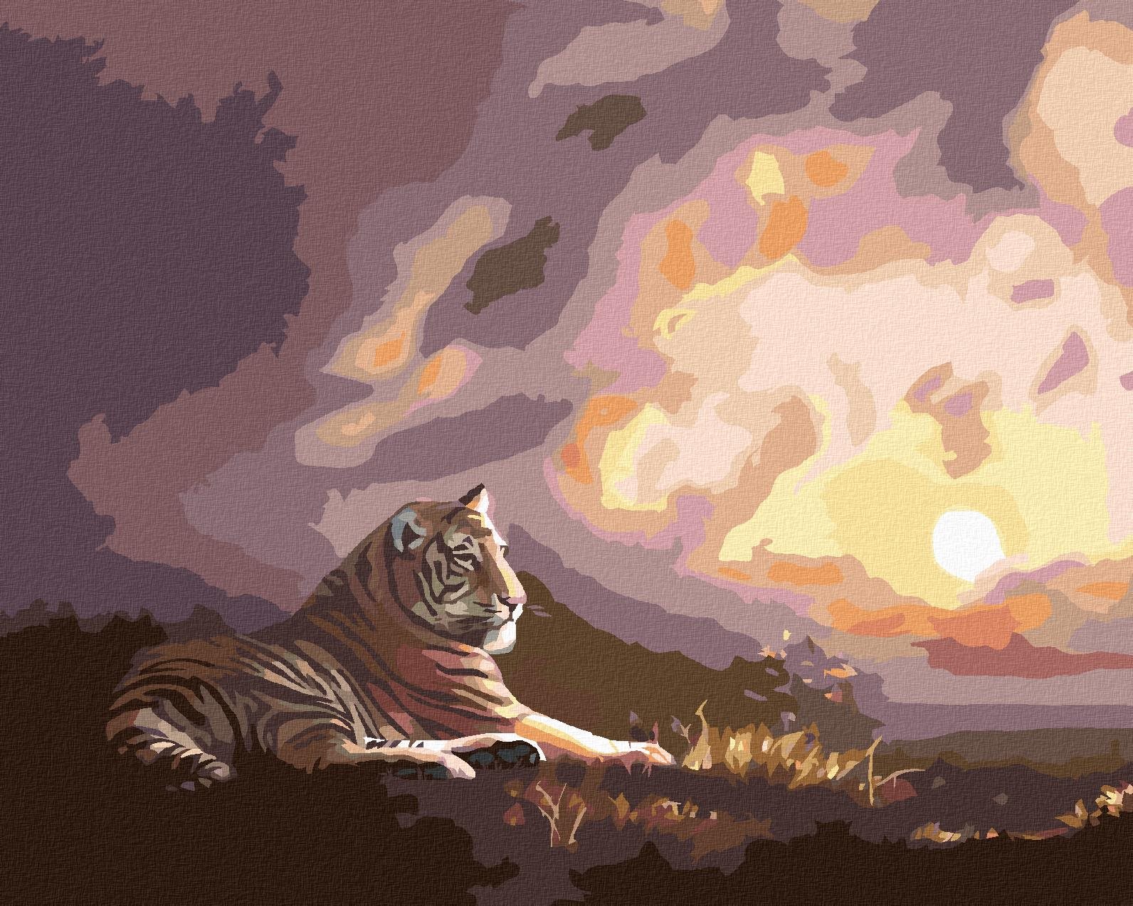 Zuty – Maľovanie podľa čísel – Ležiaci tiger a západ slnka (D. Rusty Rust), 40 × 50 cm, plátno + rám