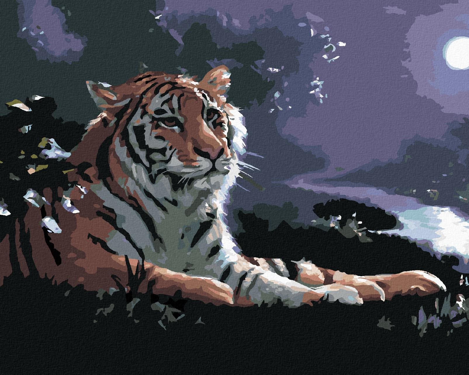 Zuty – Maľovanie podľa čísel – Ležiaci tiger, rieka a spln (D. Rusty Rust), 40 × 50 cm, plátno + rám