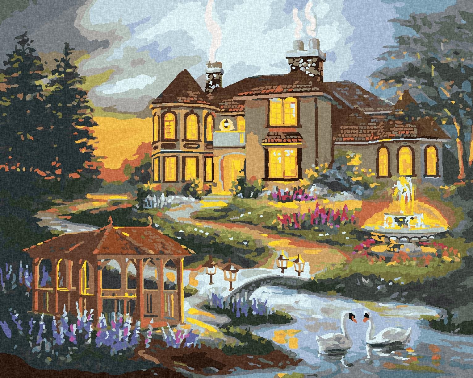 Zuty – Maľovanie podľa čísel – Labute, altánok a fontána pri dome (D. Rusty Rust), 80 × 100 cm, plátno