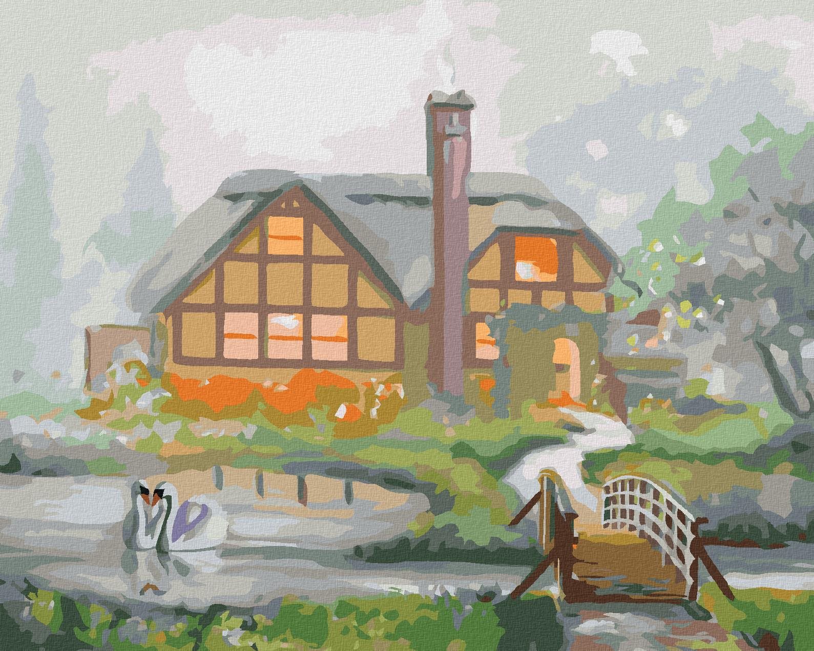 Zuty – Maľovanie podľa čísel – Labute a dom v hmle (D. Rusty Rust), 80 × 100 cm, plátno + rám