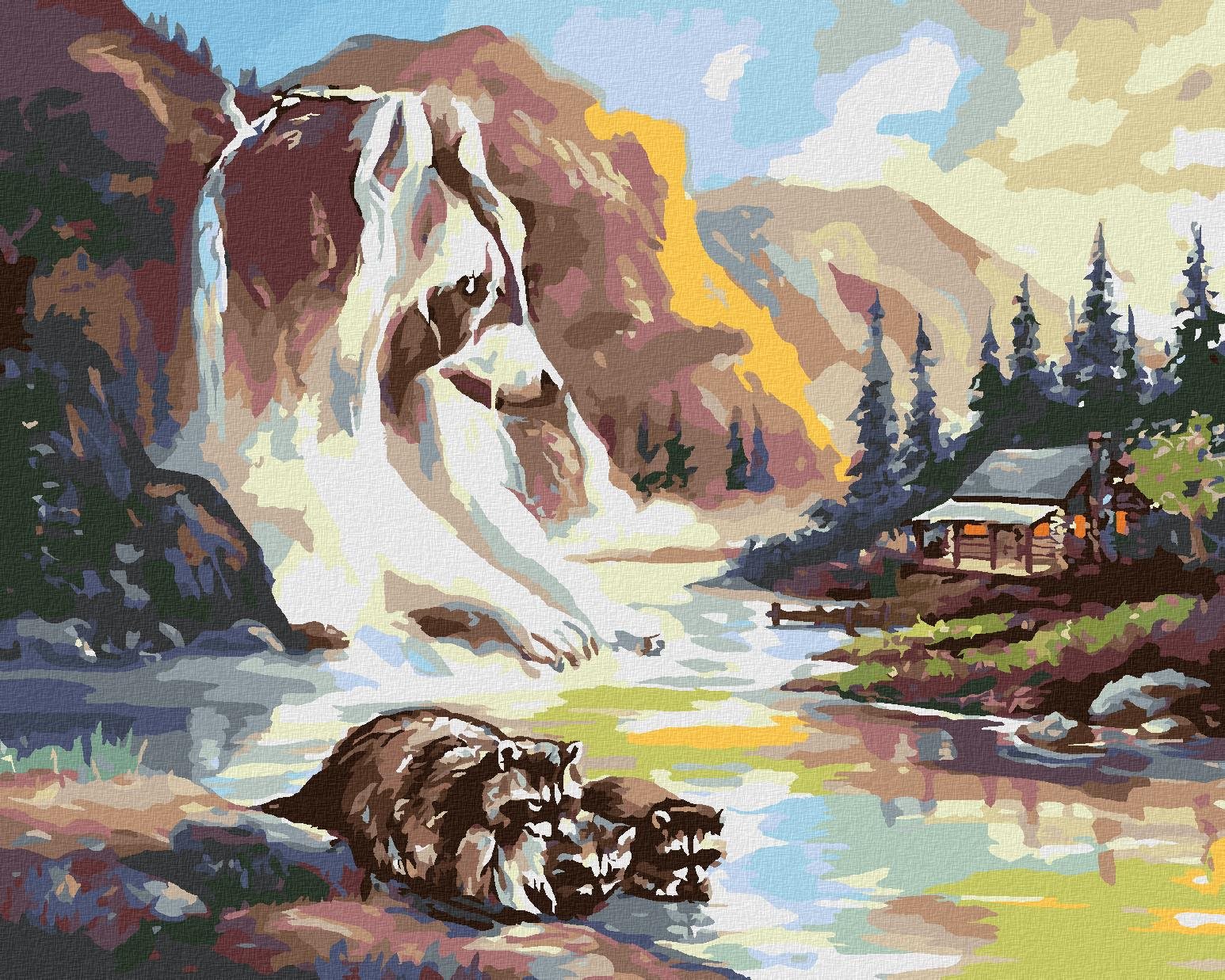 Zuty – Maľovanie podľa čísel – Medvedík čistotný pri rieke, vodopád a chata (D. Rusty Rust), 80 × 100 cm, plátno + rám