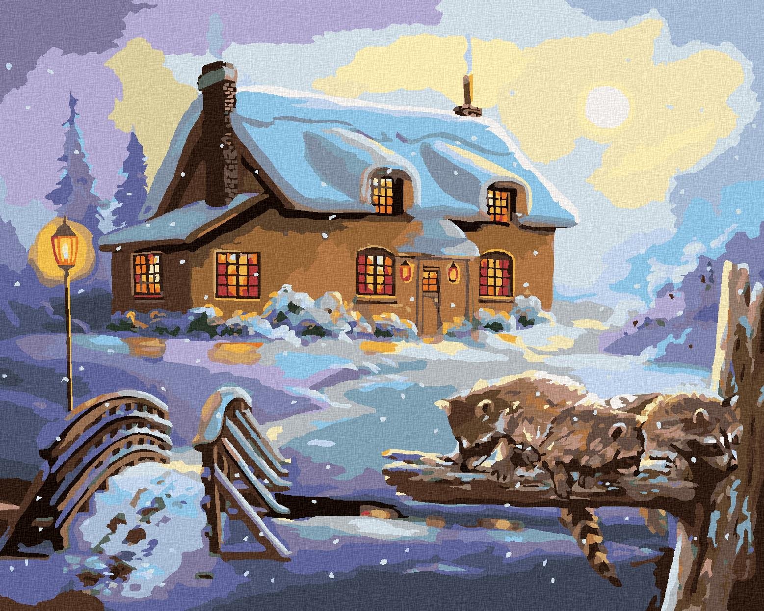 Zuty – Maľovanie podľa čísel – Medvedík čistotný a dom v zime (D. Rusty Rust), 40 × 50 cm, plátno + rám