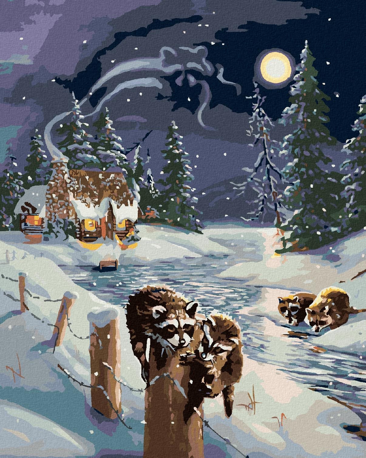 Zuty – Maľovanie podľa čísel – Medvedík čistotný pri rieke a chata v zime (D. Rusty Rust), 80 × 100 cm, plátno