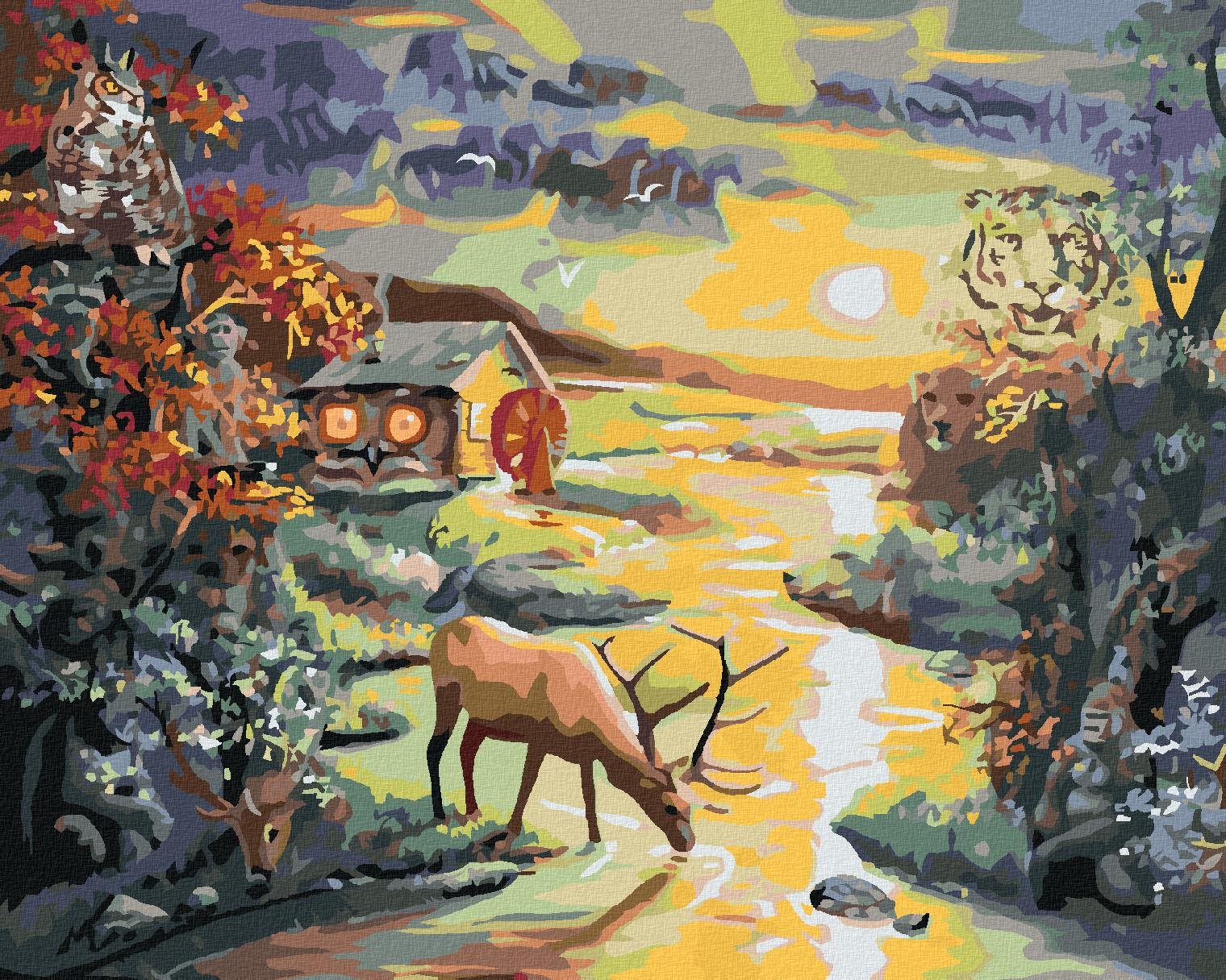 Zuty – Maľovanie podľa čísel – Jeleň v rieke, ilúzia zvierat a západ slnka (D. Rusty Rust), 40 × 50 cm, plátno + rám