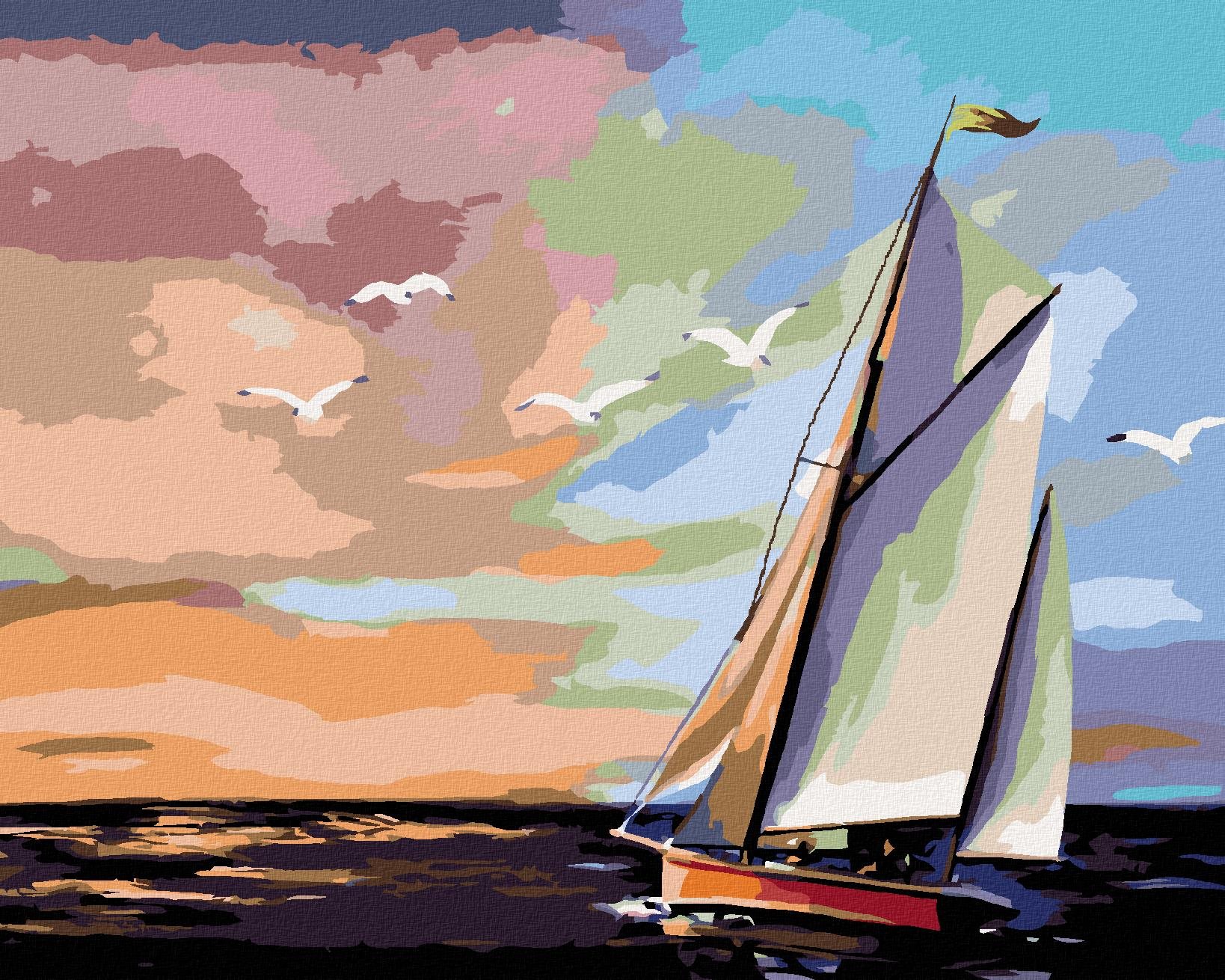 Zuty – Maľovanie podľa čísel – Plachetnica a farebný západ slnka (D. Rusty Rust), 40 × 50 cm, plátno
