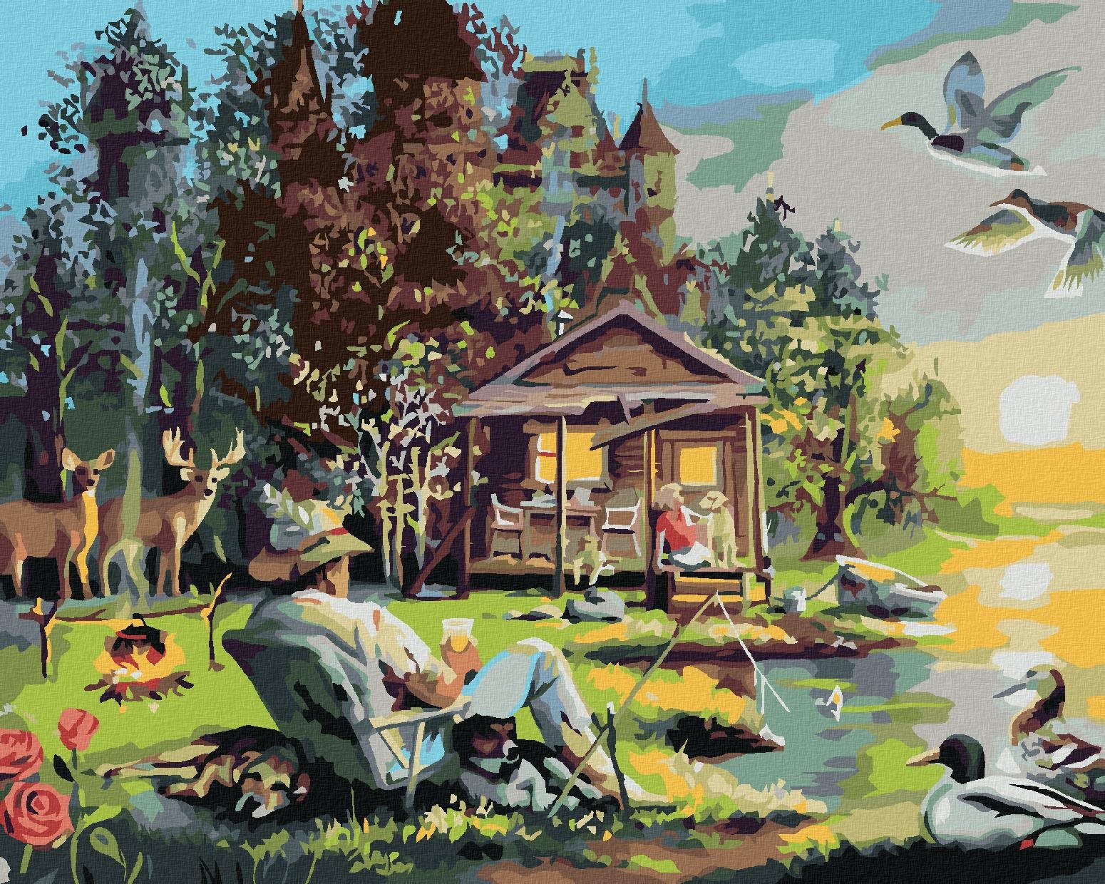 Zuty – Maľovanie podľa čísel – Muž so psami chytajúcimi ryby pri jazere, chata, kačice a jeleň (D. Rusty Rust), 80 × 100 cm, plátno + rám