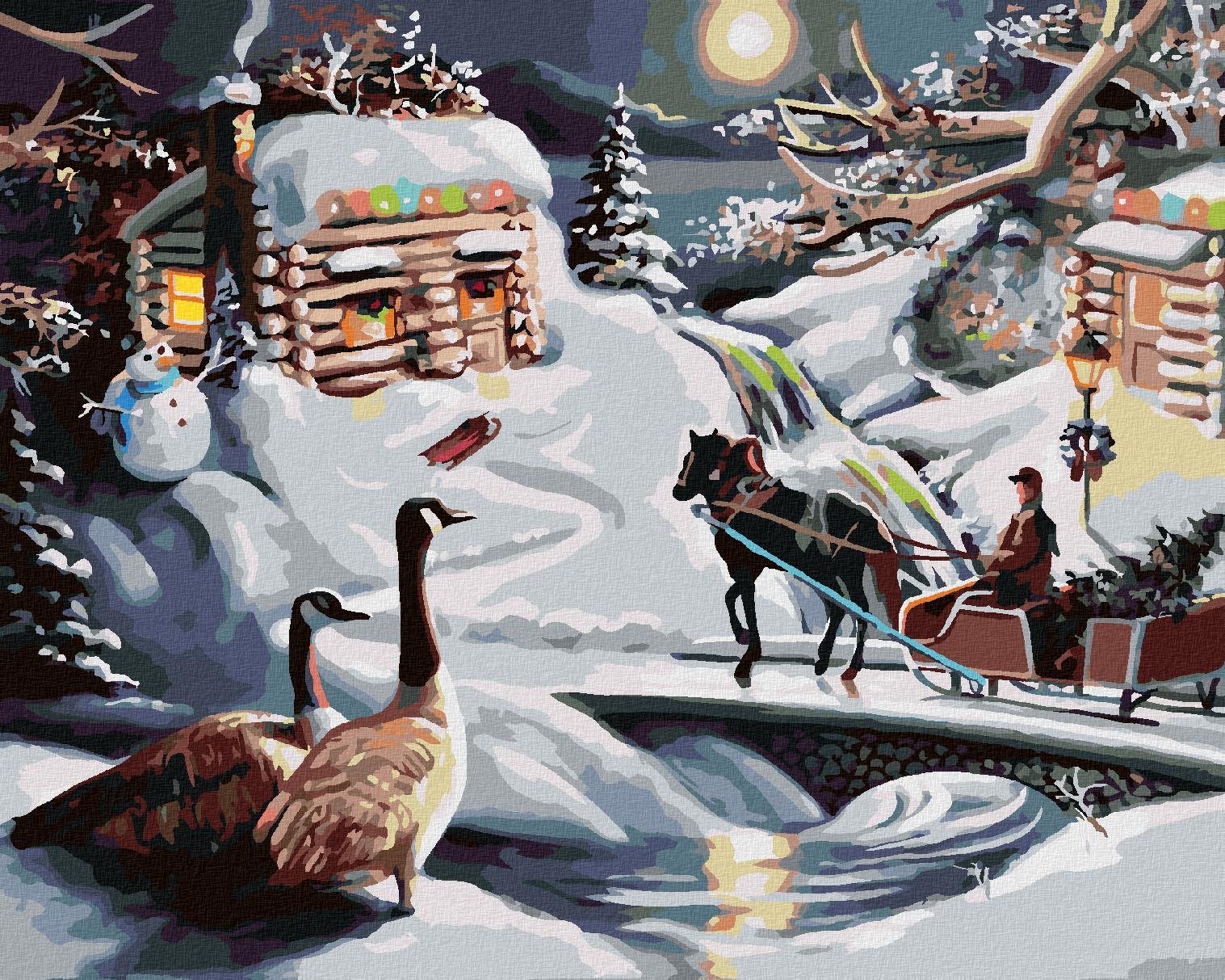 Zuty – Maľovanie podľa čísel – Santa, snehuliak, sane a kačice v zime (D. Rusty Rust), 80 × 100 cm, plátno