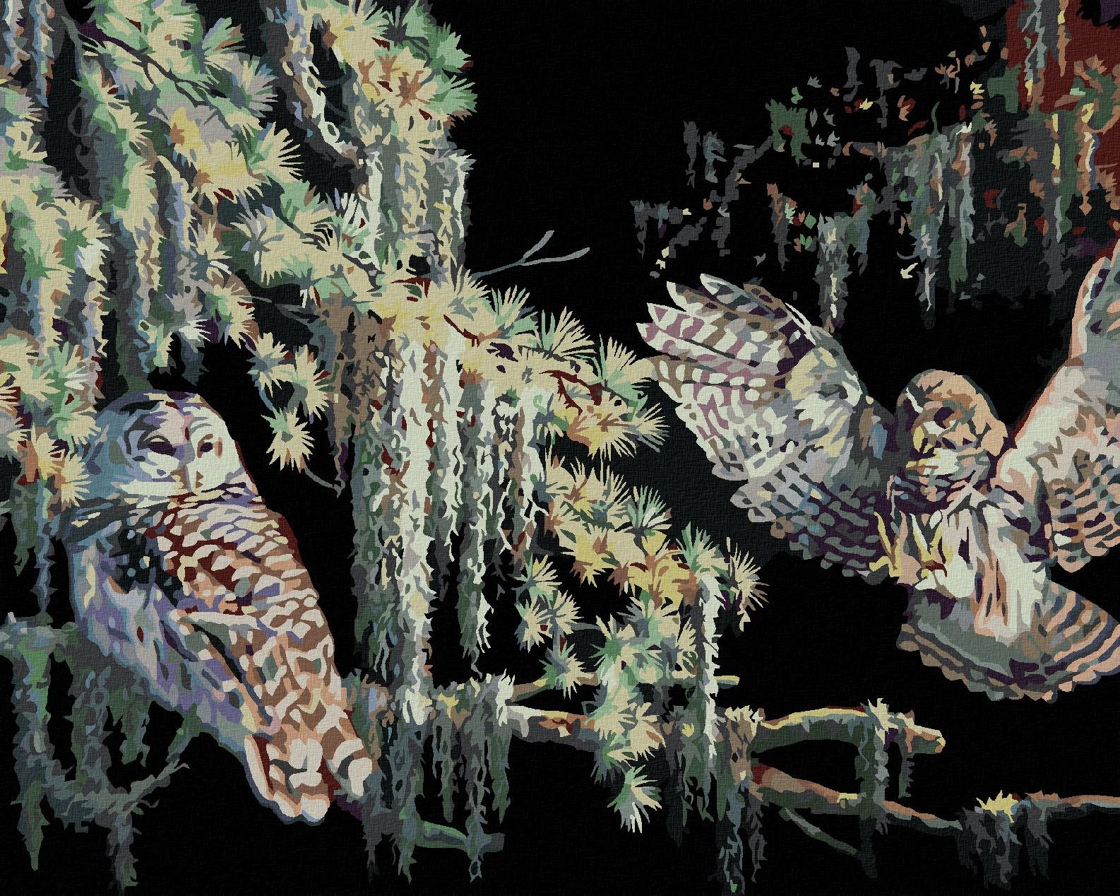 Zuty – Maľovanie podľa čísel – Sovy v noci (D. Rusty Rust), 80 × 100 cm, plátno + rám