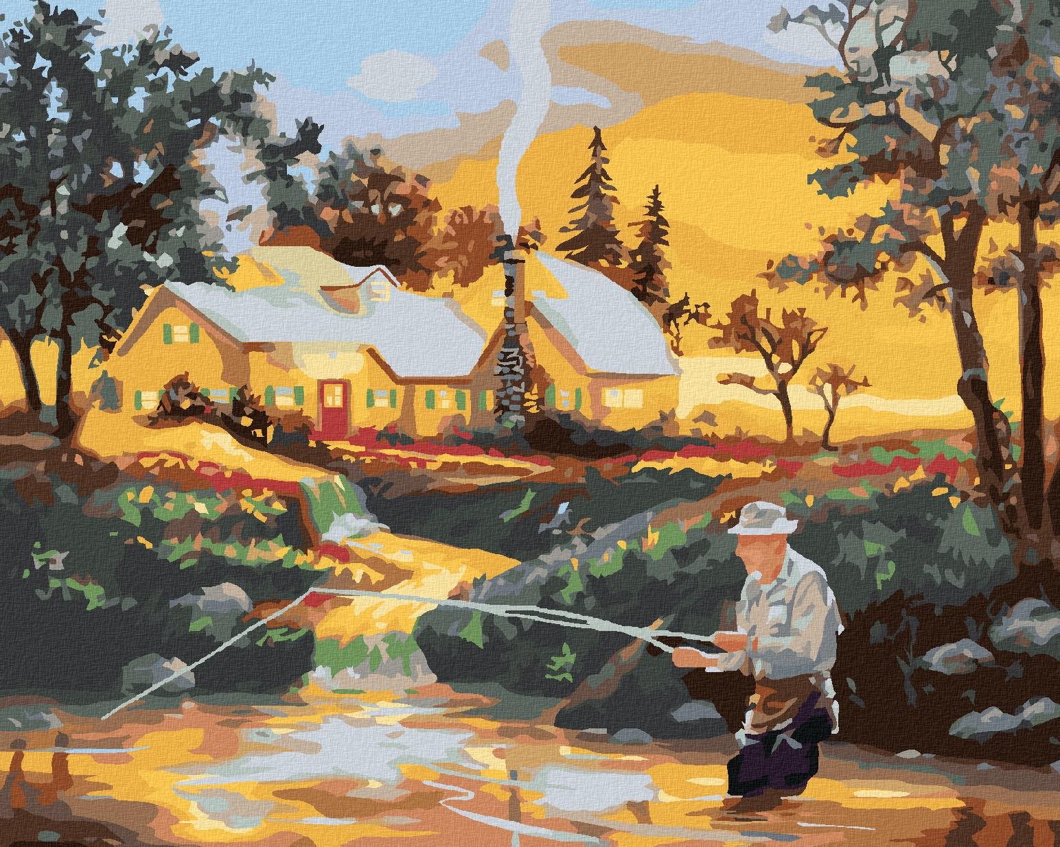 Zuty – Maľovanie podľa čísel – Muž chytajúci ryby v rieke, dom a západ slnka (D. Rusty Rust), 40 × 50 cm, plátno + rám